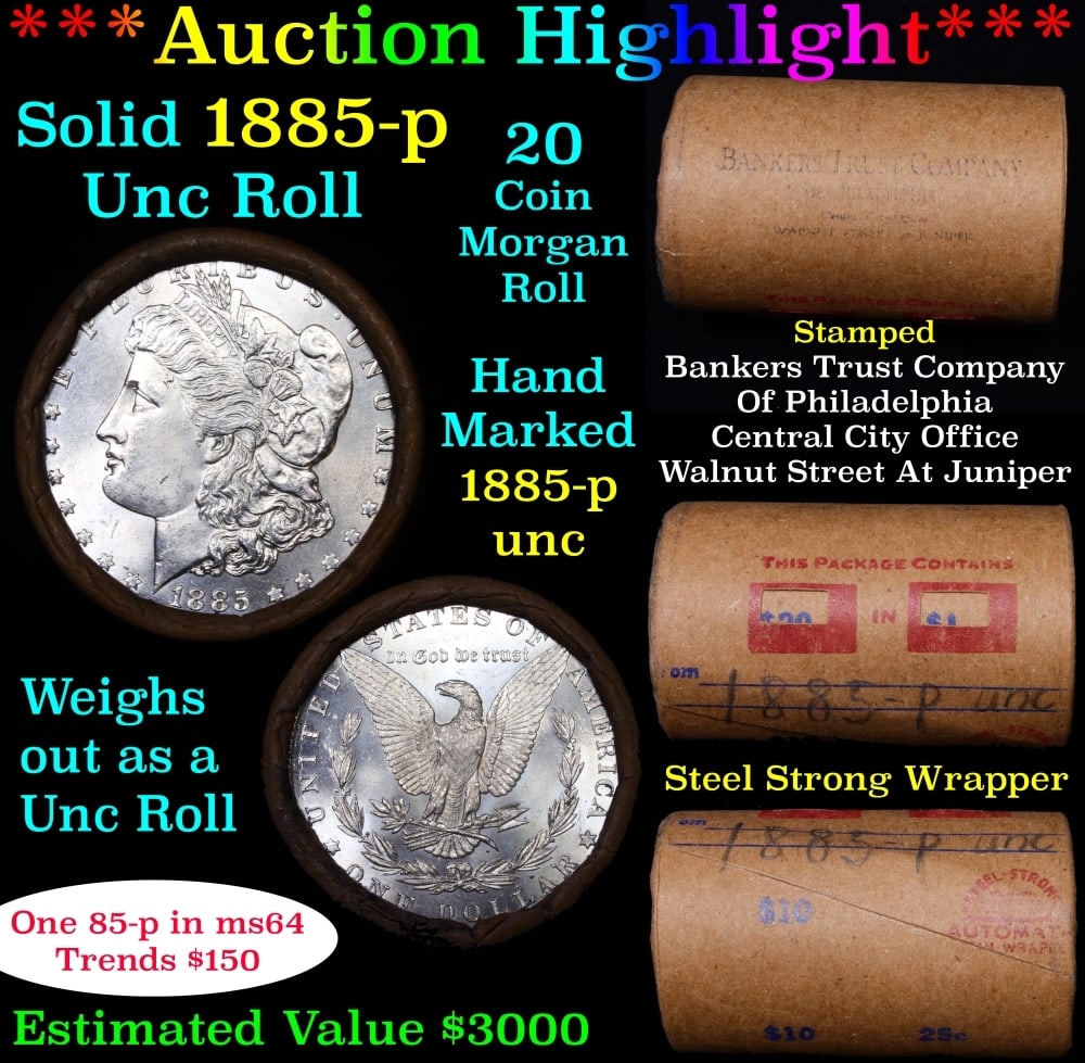 Full solid date 1885-p Uncirculated Morgan silver dollar roll, 20 coins (1 of 6)