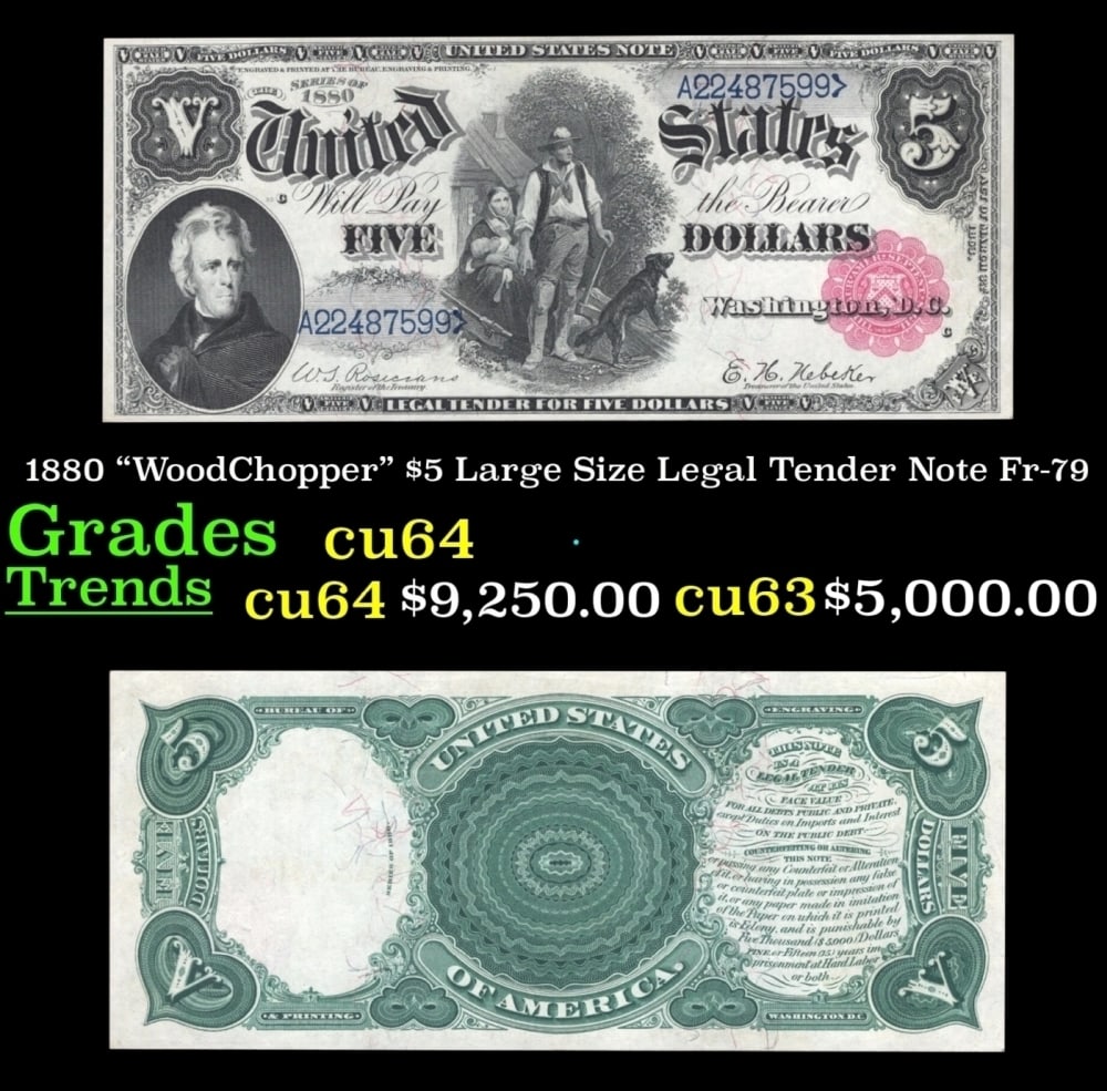 1880 $5 Large Size Legal Tender Note "WoodChopper" Grades Choice CU Fr-79 (1 of 3)