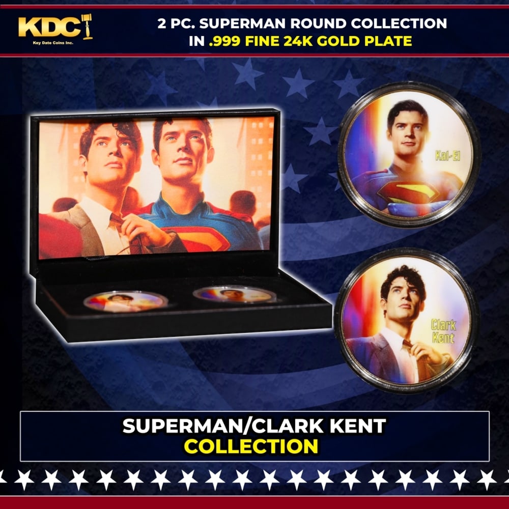 2 Coin Clark Kent/Superman, James Gunn Gold Plated Round Collection In Custom Box W/ Special Backer: 2 Coin Clark Kent/Superman, James Gunn Gold Plated Round Collection In Custom Box W/ Special Backer card. Please Note All Backer Cards may have slight differences but will be very similar if not ident