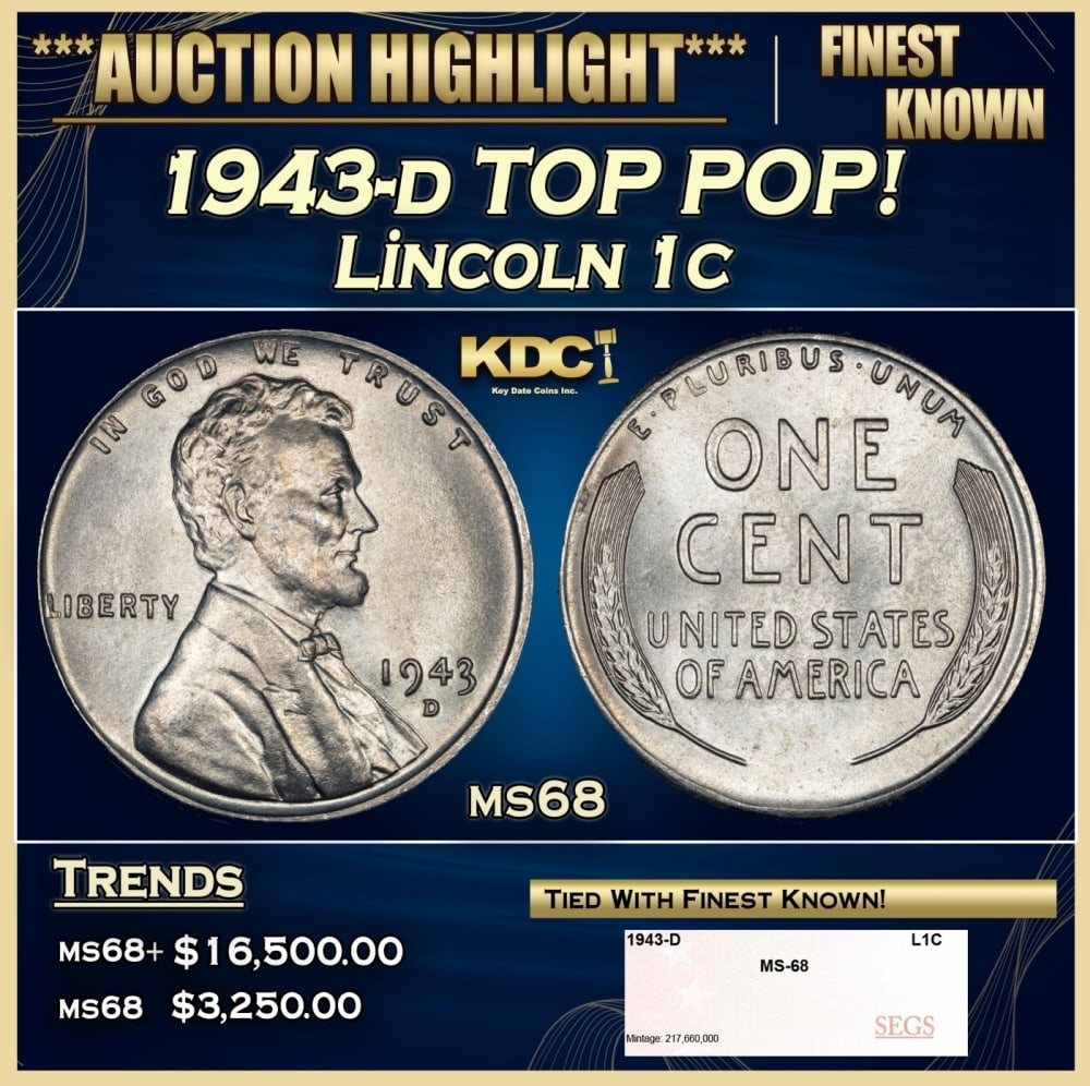 1943-d Lincoln Cent TOP POP! 1c ms68 SEGS (1 of 4)