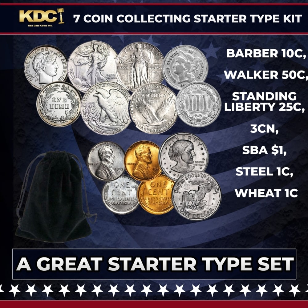 7 Coin Collecting Starter Type Kit. Barber 10c, Walker 50c, Standing Liberty 25c, 3cn, SBA$1, Steel (1 of 1)
