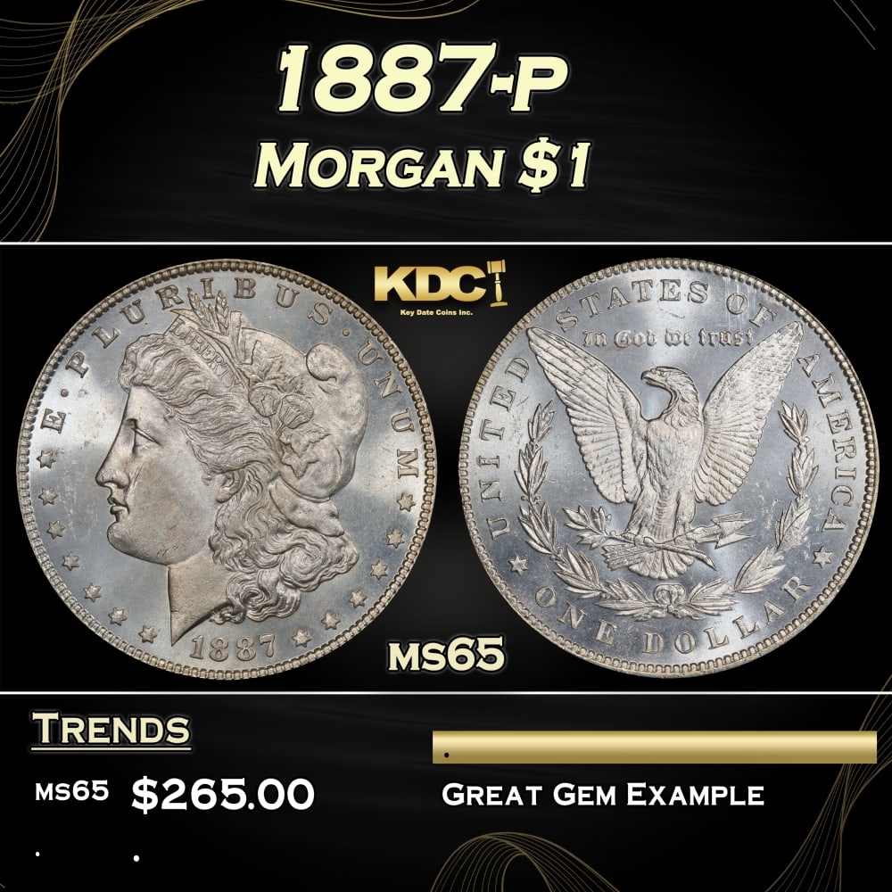 1887-p Morgan Dollar $1 Grades ms65: 1887-p Morgan Dollar $1 Grades ms65. 0 Historic precious metal trends is causing increased spot pricing by the day. On auctions with set openings, we are doing our best to have items priced at their m