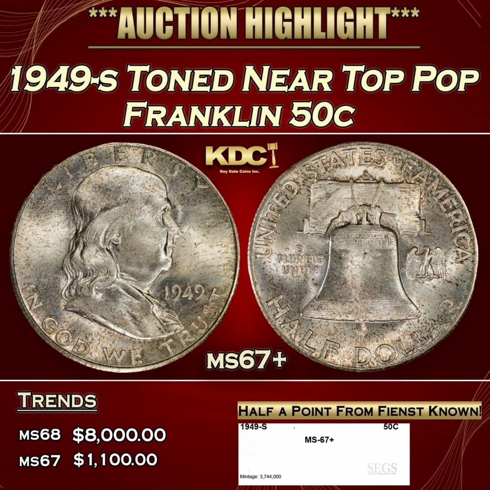 1949-s Franklin Half Dollar Toned Near Top Pop 50c ms67+ SEGS (1 of 4)
