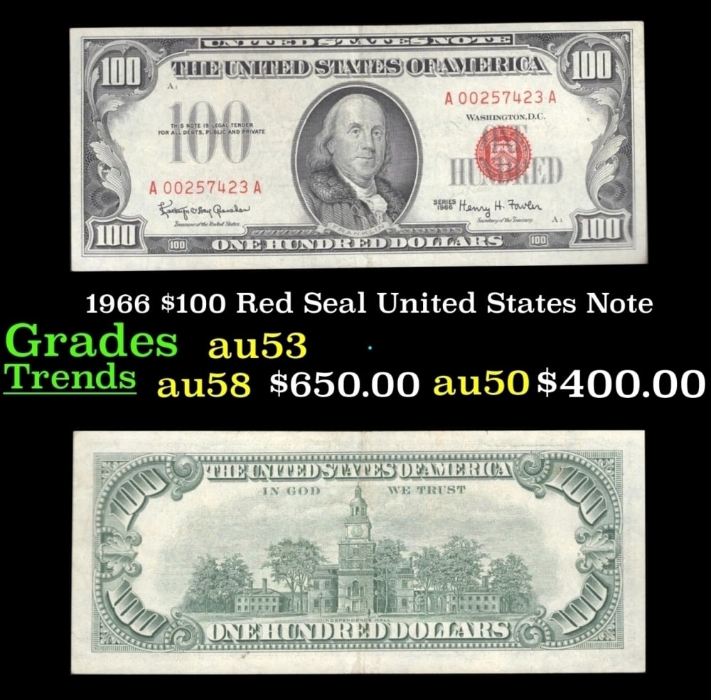 1966 $100 Red Seal United States Note Grades Select AU (1 of 3)