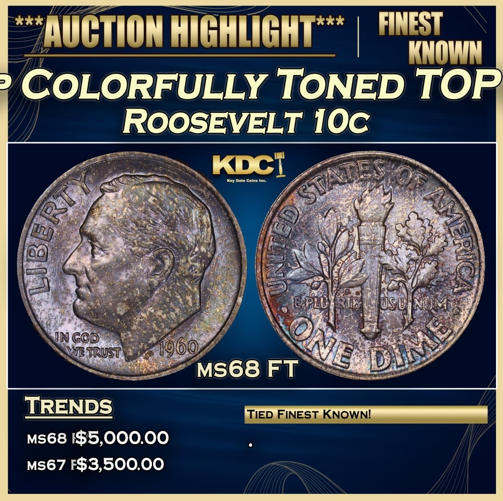 1960-p Roosevelt Dime Colorfully Toned TOP POP! 10c ms68 FT SEGS (1 of 4)