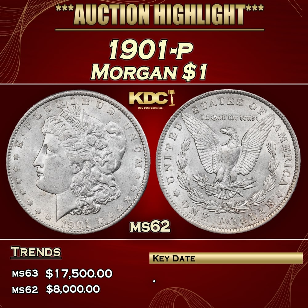1901-p Morgan Dollar $1 ms62 USCG: 1901-p Morgan Dollar $1 ms62 USCG. Historic precious metal trends is causing increased spot pricing by the day. On auctions with set openings, we are doing our best to have items priced at their marke