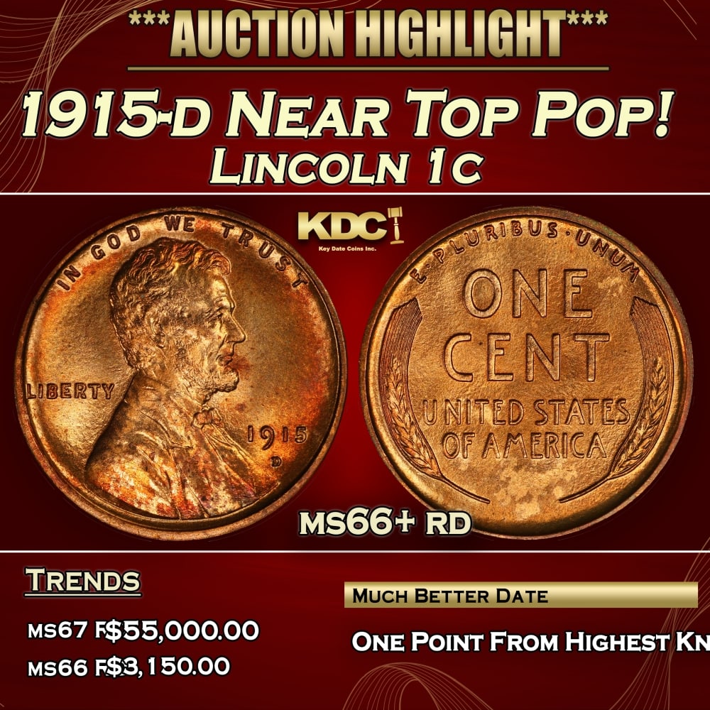 1915-d Lincoln Cent Near Top Pop! 1c ms66+ rd SEGS (1 of 4)