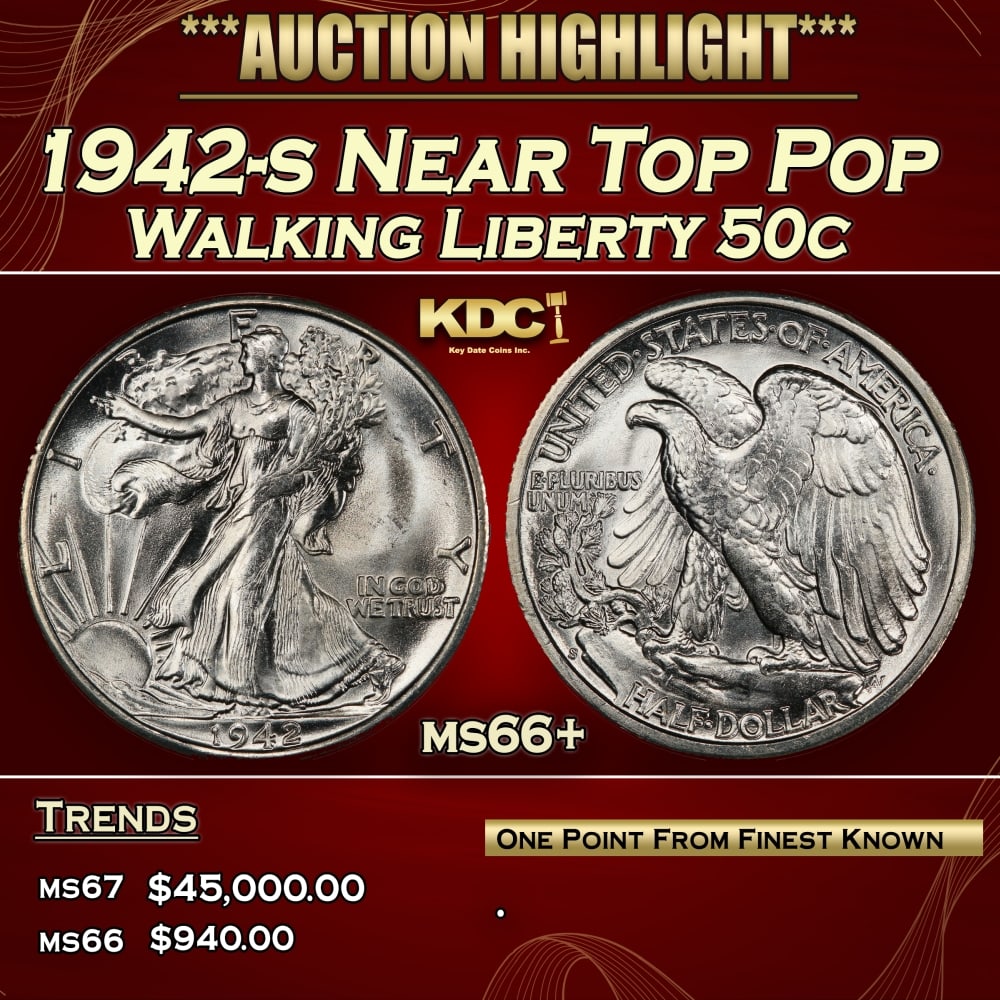 1942-s Walking Liberty Half Dollar Near Top Pop 50c ms66+ SEGS: 1942-s Near Top Pop Walking Liberty Half Dollar 50c ms66+ SEGS. Historic precious metal trends is causing increased spot pricing by the day. On auctions with set openings, we are doing our best to hav