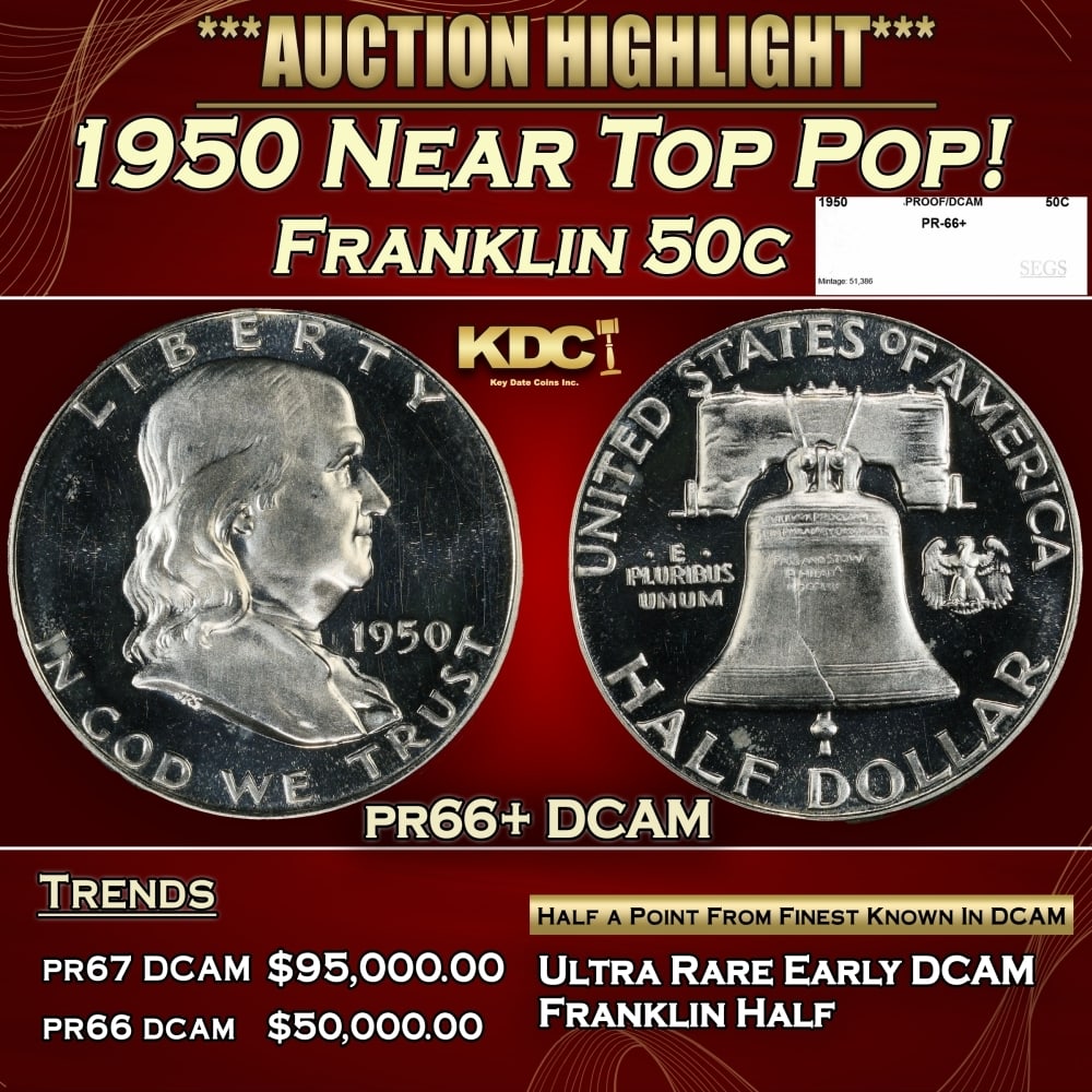 1950 Proof Franklin Half Dollar Near Top Pop! 50c pr66+ DCAM SEGS: 1950 Near Top Pop! Franklin Half Dollar 50c pr66+ DCAM SEGS. 0 Historic precious metal trends is causing increased spot pricing by the day. On auctions with set openings, we are doing our best to have