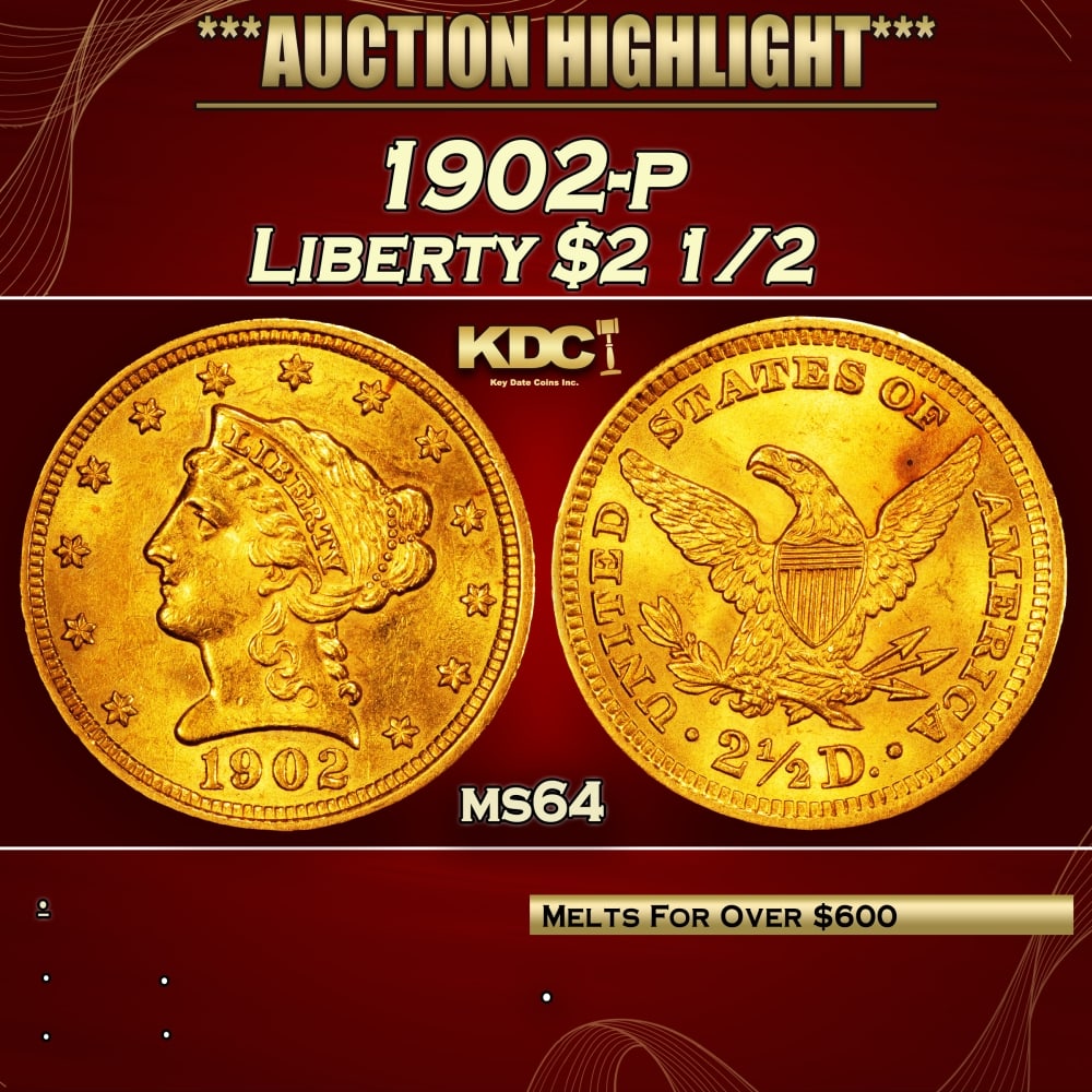 1902-p Gold Liberty Quarter Eagle $2 1/2 ms64 USCG (1 of 4)