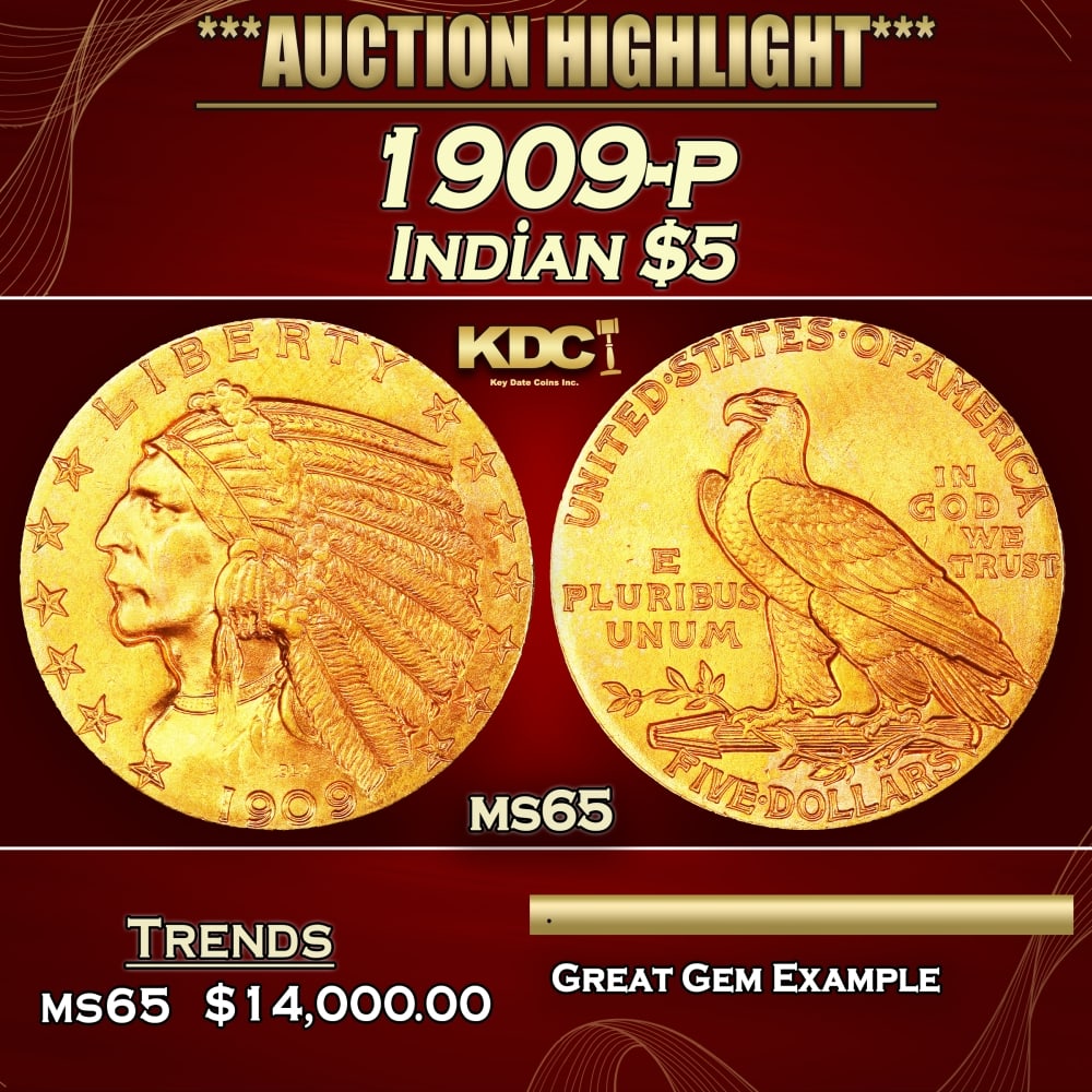 1909-p Gold Indian Half Eagle $5 ms65 USCG (1 of 4)
