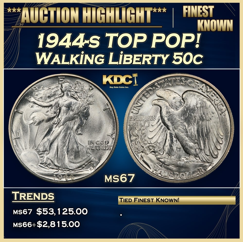 1944-s Walking Liberty Half Dollar TOP POP! 50c ms67 SEGS: 1944-s TOP POP! Walking Liberty Half Dollar 50c ms67 SEGS. Historic precious metal trends is causing increased spot pricing by the day. On auctions with set openings, we are doing our best to have ite