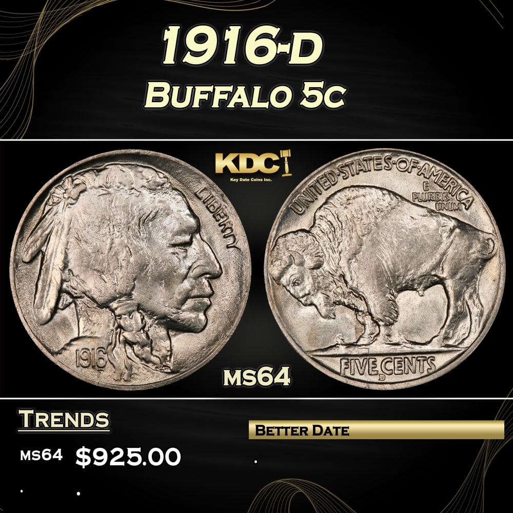 1916-d Buffalo Nickel 5c Grades ms64 (1 of 3)