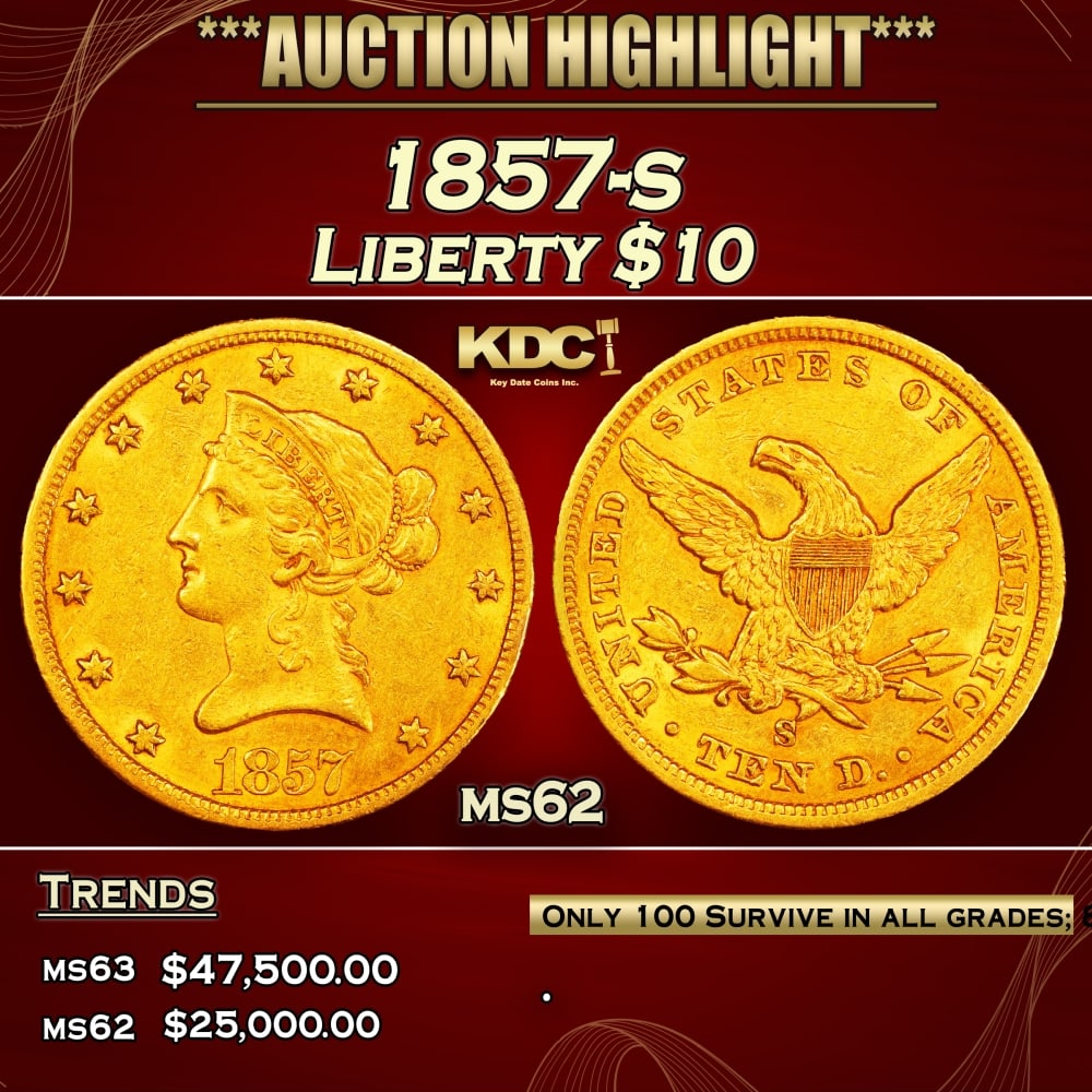 1857-s Gold Liberty Eagle $10 ms62 USCG (1 of 4)