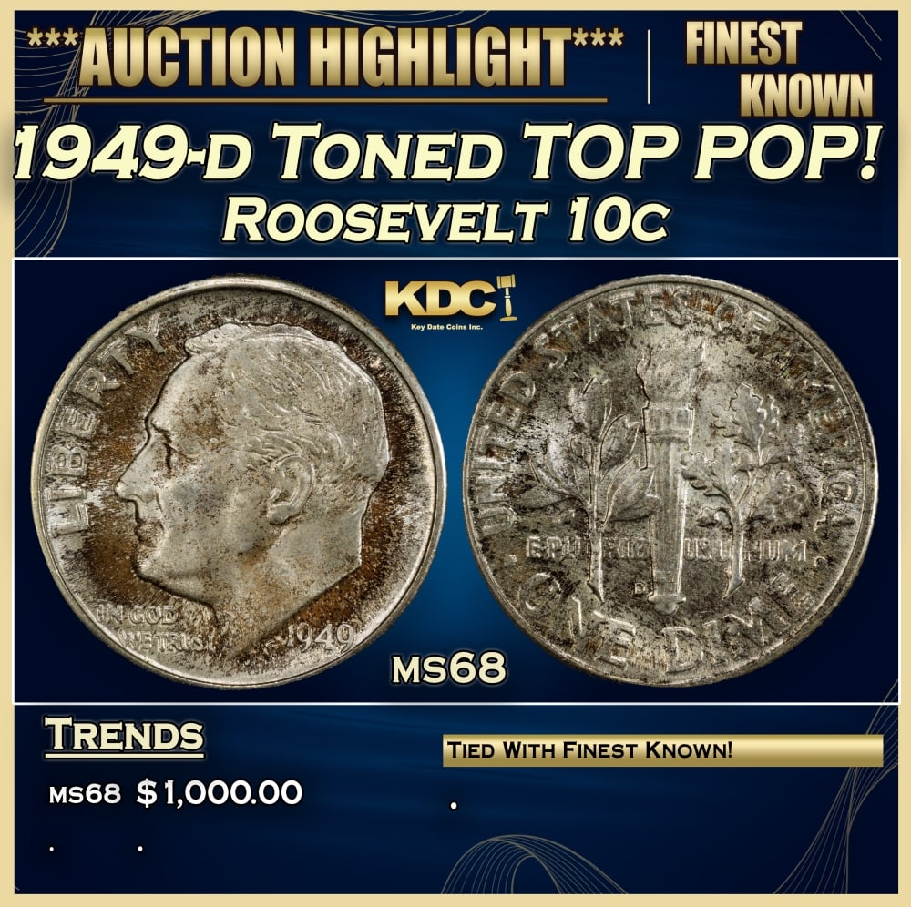 1949-d Roosevelt Dime Toned TOP POP! 10c ms68 SEGS (1 of 4)