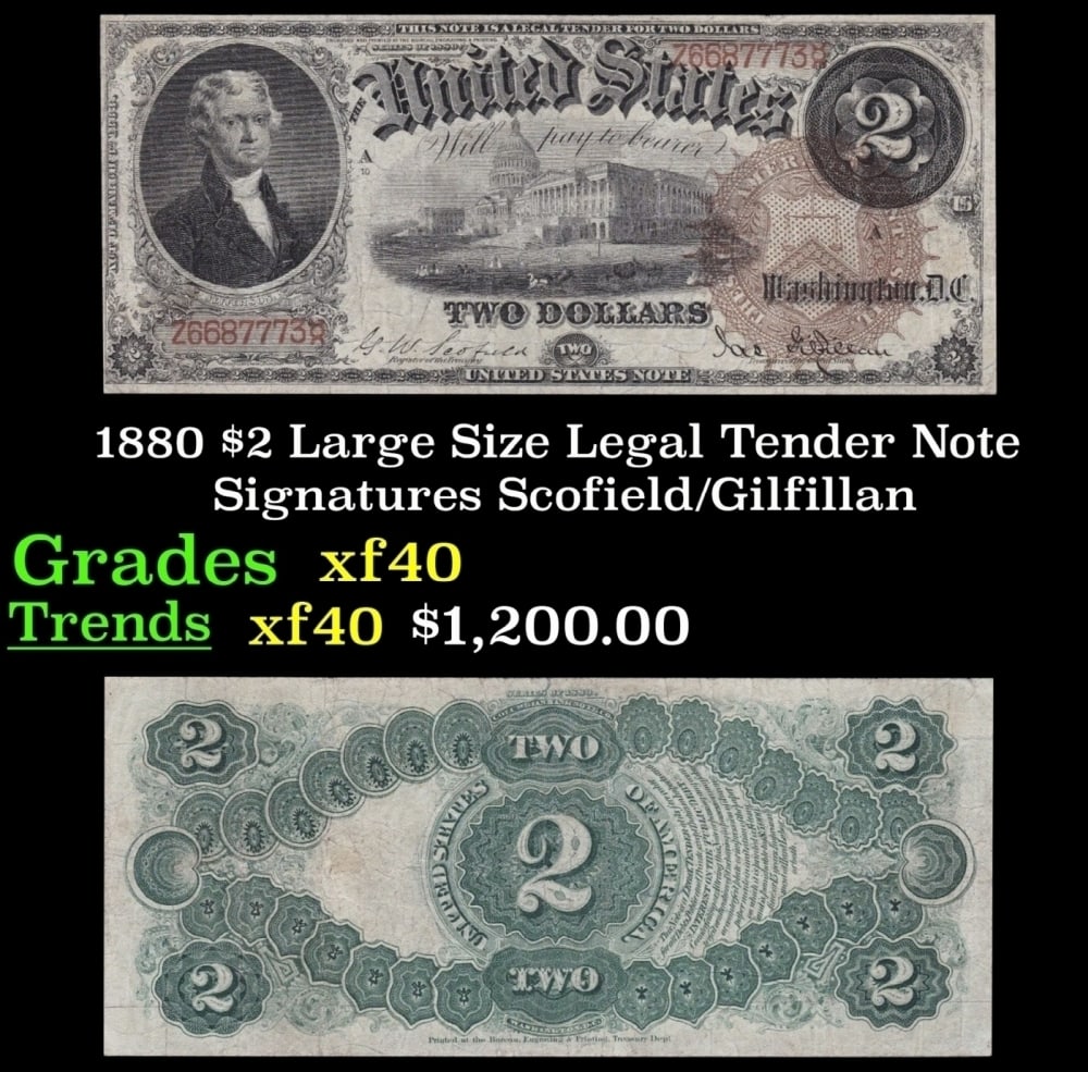 1880 $2 Large Size Legal Tender Note Grades xf Signatures Scofield/Gilfillan (1 of 3)