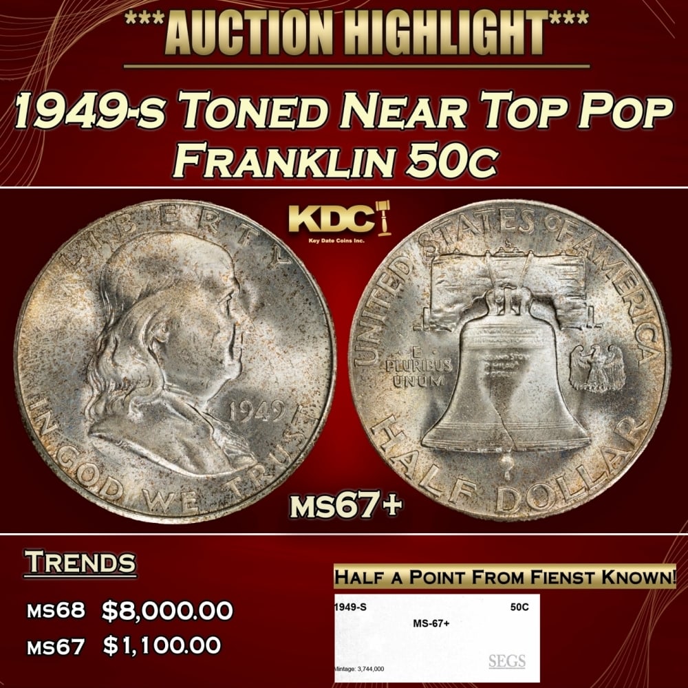 1949-s Franklin Half Dollar Toned Near Top Pop 50c ms67+ SEGS (1 of 4)