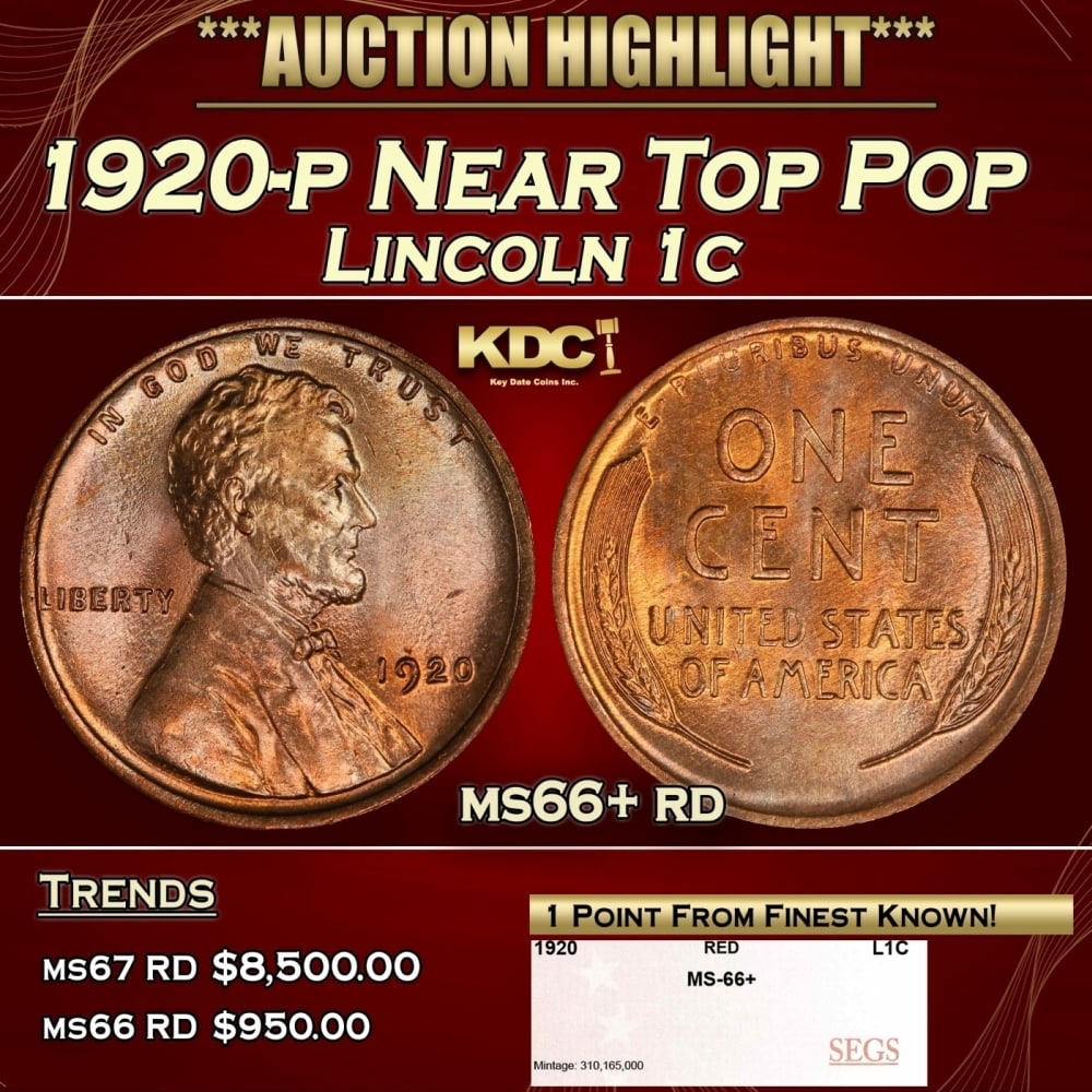 1920-p Lincoln Cent Near Top Pop 1c ms66+ rd SEGS: 1920-p Near Top Pop Lincoln Cent 1c ms66+ rd SEGS. 0 Historic precious metal trends is causing increased spot pricing by the day. On auctions with set openings, we are doing our best to have items pri