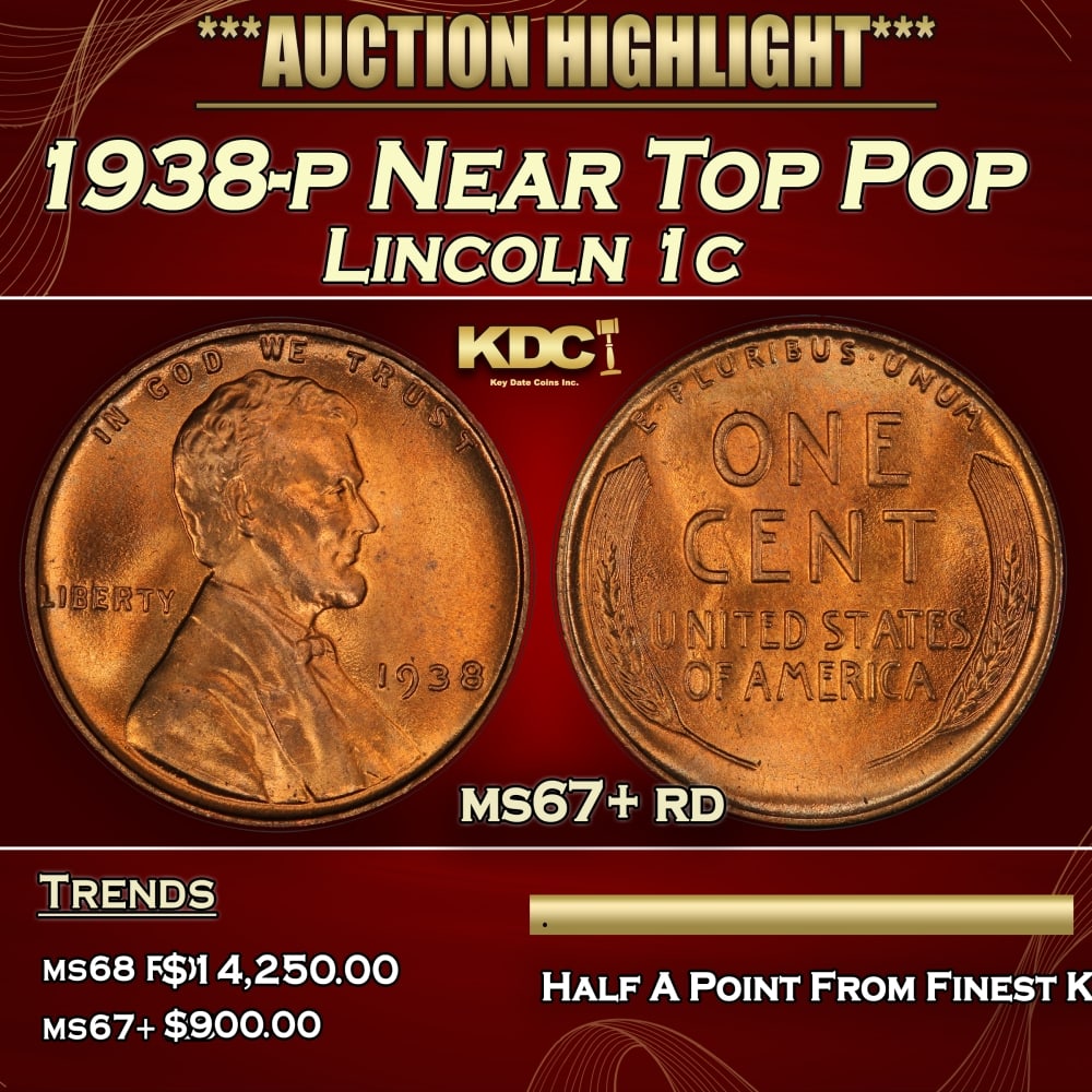 1938-p Lincoln Cent Near Top Pop 1c ms67+ rd SEGS (1 of 4)