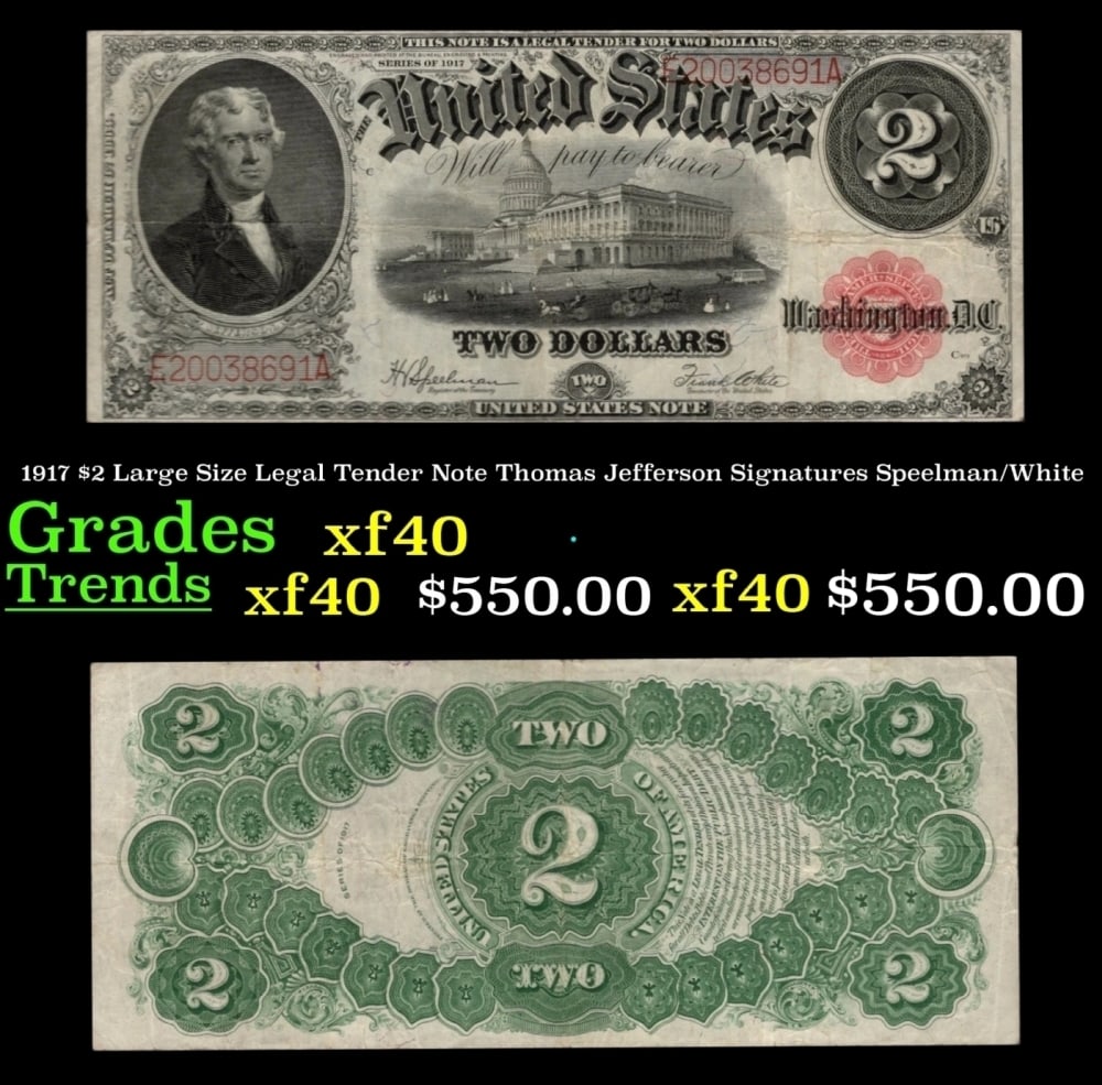 1917 $2 Large Size Legal Tender Note Thomas Jefferson Grades xf Signatures Speelman/White (1 of 3)
