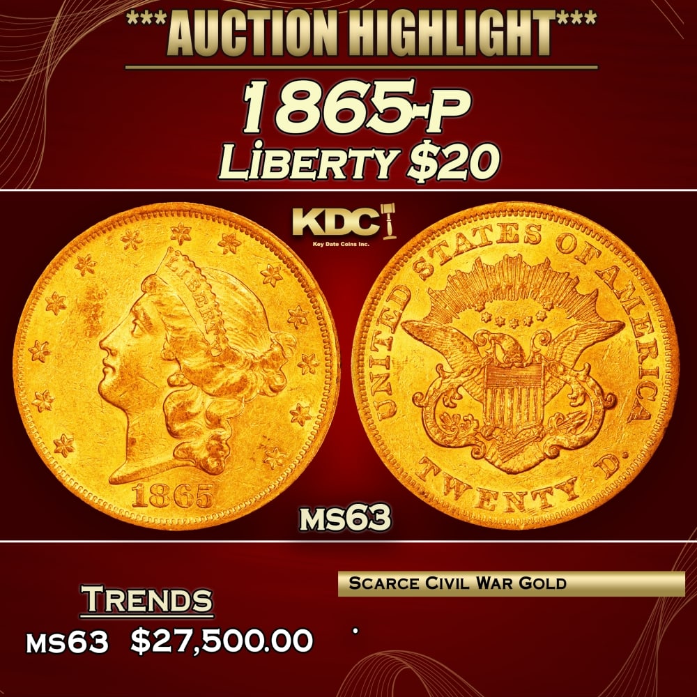 1865-p Gold Liberty Double Eagle $20 ms63 USCG (1 of 4)