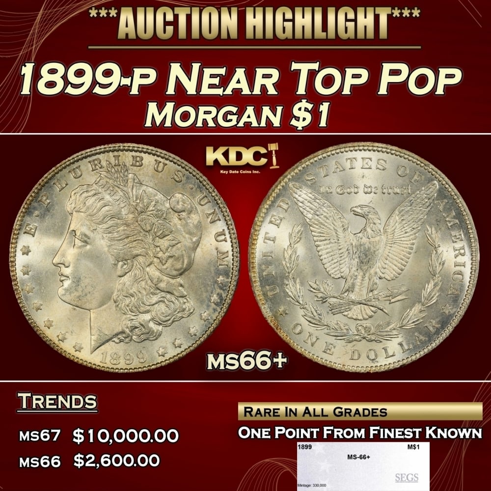 1899-p Morgan Dollar Near Top Pop $1 ms66+ SEGS: 1899-p Near Top Pop Morgan Dollar $1 ms66+ SEGS. 0 Historic precious metal trends is causing increased spot pricing by the day. On auctions with set openings, we are doing our best to have items price