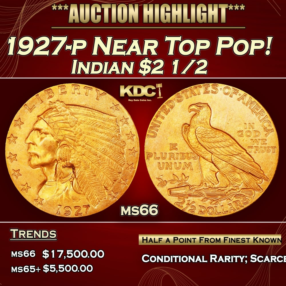1927-p Gold Indian Quarter Eagle Near Top Pop! $2 1/2 ms66 USCG: 1927-p Near Top Pop! Gold Indian Quarter Eagle $2 1/2 ms66 USCG. Per David Akers of PCGS "The 1927 is similar in overall rarity to the 1926 and can be obtained without much difficulty in MS-65 or lowe