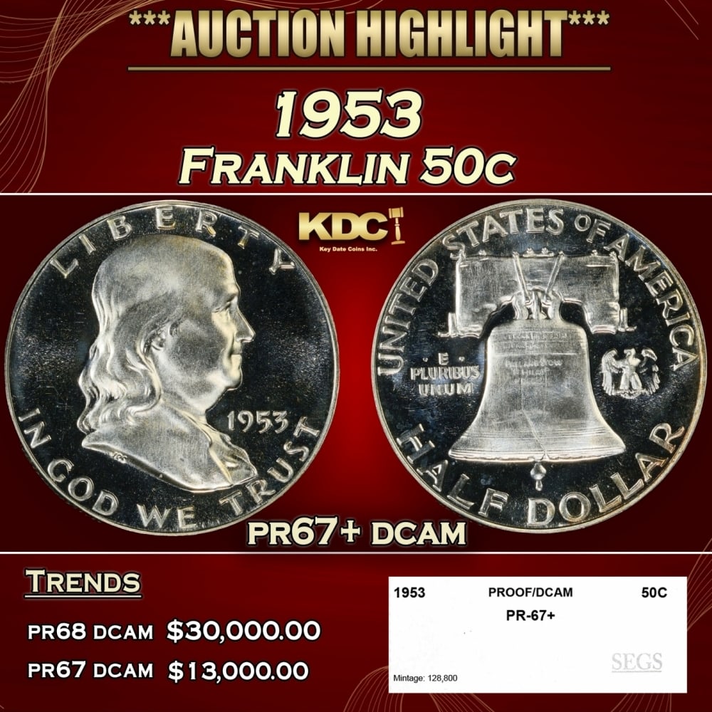 1953 Proof Franklin Half Dollar 50c pr67+ dcam SEGS (1 of 4)