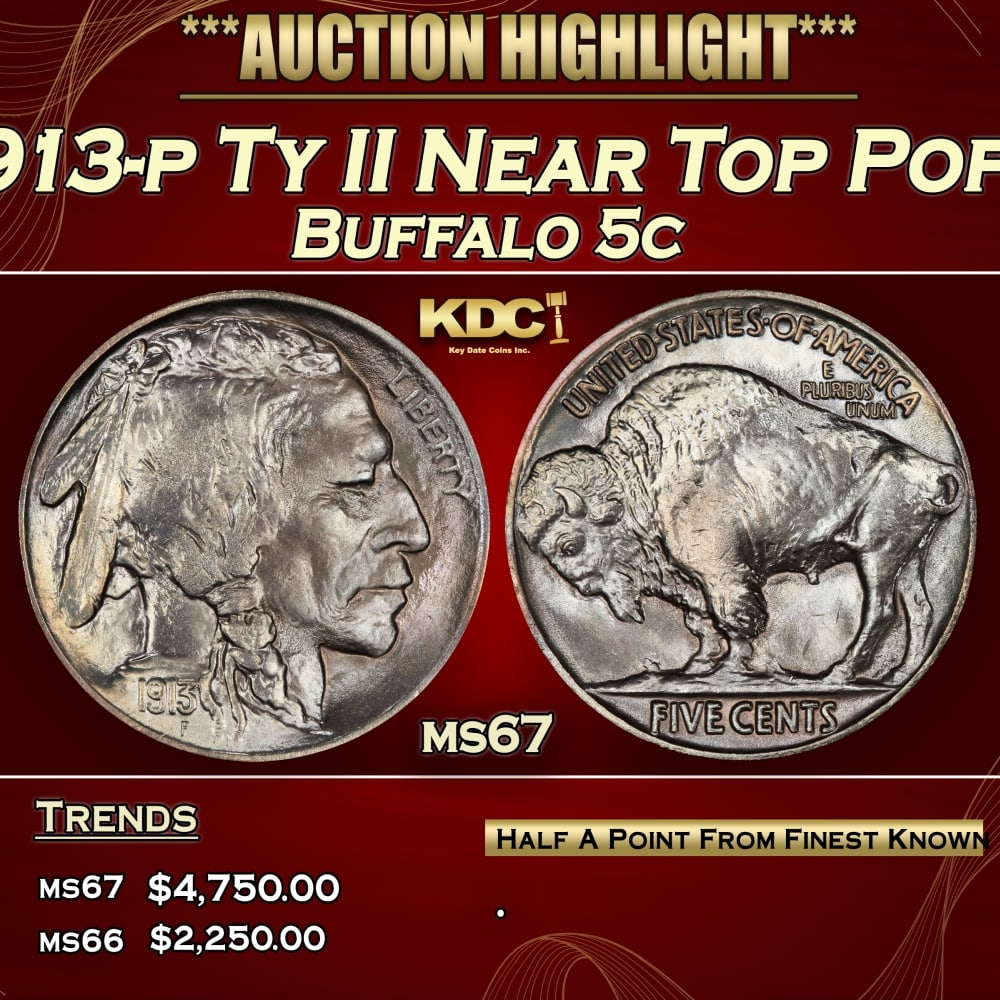 1913-p Ty II Buffalo Nickel Near Top Pop! 5c ms67 SEGS: 1913-p Ty II Near Top Pop! Buffalo Nickel 5c ms67 SEGS. 0 Historic precious metal trends is causing increased spot pricing by the day. On auctions with set openings, we are doing our best to have item