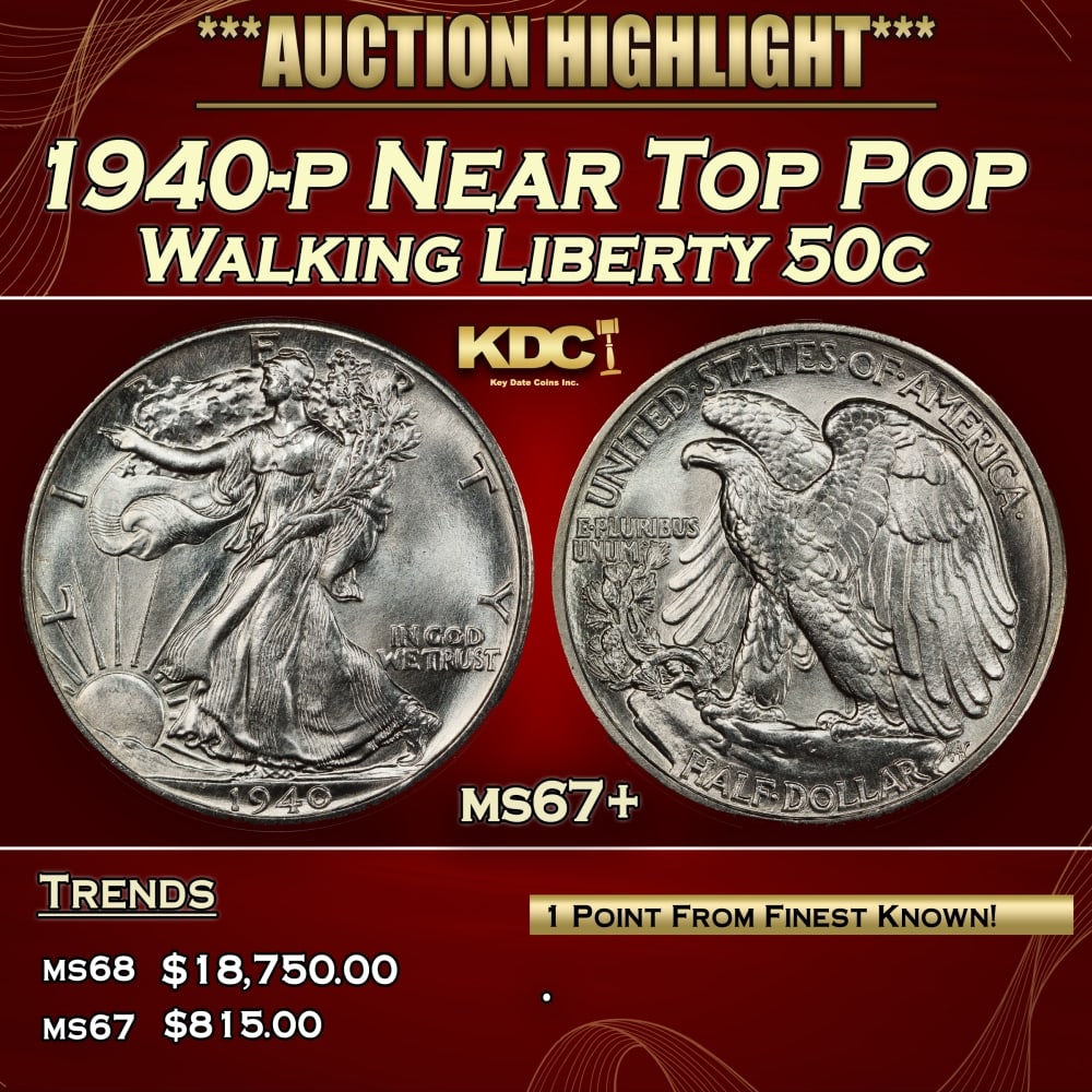 1940-p Walking Liberty Half Dollar Near Top Pop 50c ms67+ SEGS: 1940-p Near Top Pop Walking Liberty Half Dollar 50c ms67+ SEGS. Historic precious metal trends is causing increased spot pricing by the day. On auctions with set openings, we are doing our best to hav
