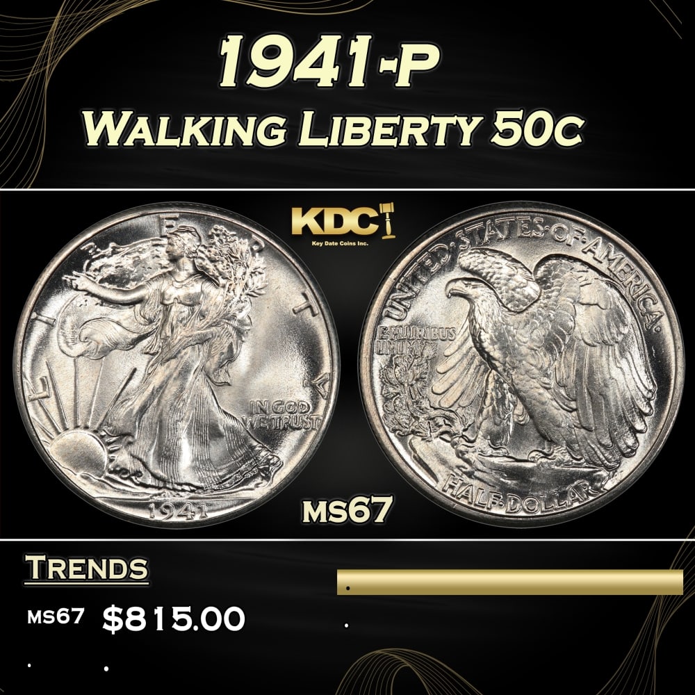 1941-p Walking Liberty Half Dollar 50c ms67 SEGS: 1941-p Walking Liberty Half Dollar 50c ms67 SEGS. Historic precious metal trends is causing increased spot pricing by the day. On auctions with set openings, we are doing our best to have items priced