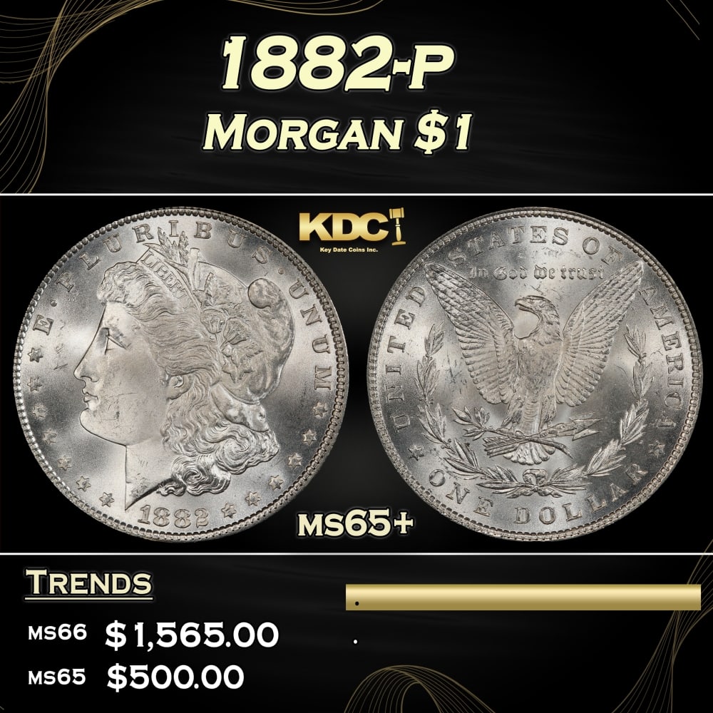 1882-p Morgan Dollar $1 Grades ms65+: 1882-p Morgan Dollar $1 Grades ms65+. Historic precious metal trends is causing increased spot pricing by the day. On auctions with set openings, we are doing our best to have items priced at their ma