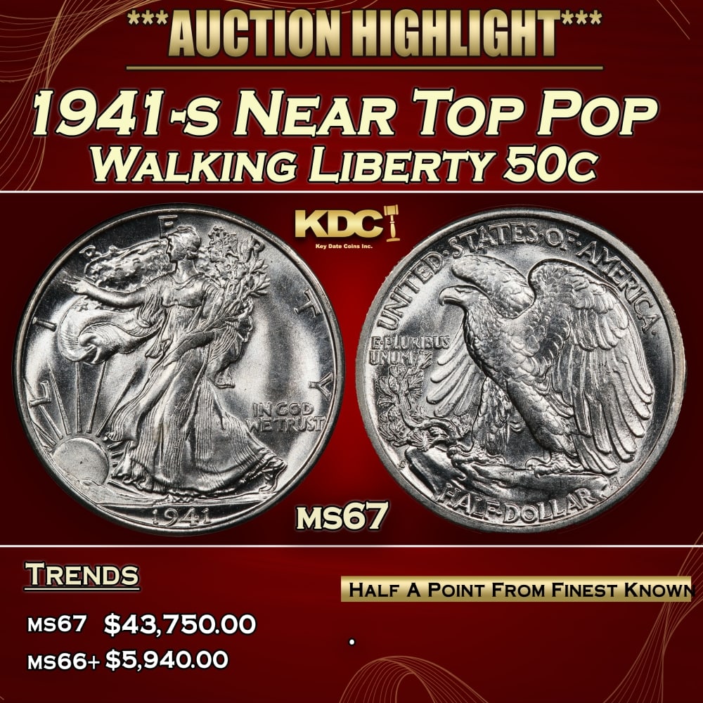 1941-s Walking Liberty Half Dollar Near Top Pop 50c ms67 SEGS: 1941-s Near Top Pop Walking Liberty Half Dollar 50c ms67 SEGS. Historic precious metal trends is causing increased spot pricing by the day. On auctions with set openings, we are doing our best to have
