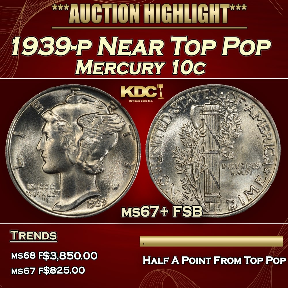 1939-p Mercury Dime Near Top Pop 10c ms67+ FSB SEGS: 1939-p Near Top Pop Mercury Dime 10c ms67+ FSB SEGS. Historic precious metal trends is causing increased spot pricing by the day. On auctions with set openings, we are doing our best to have items pri