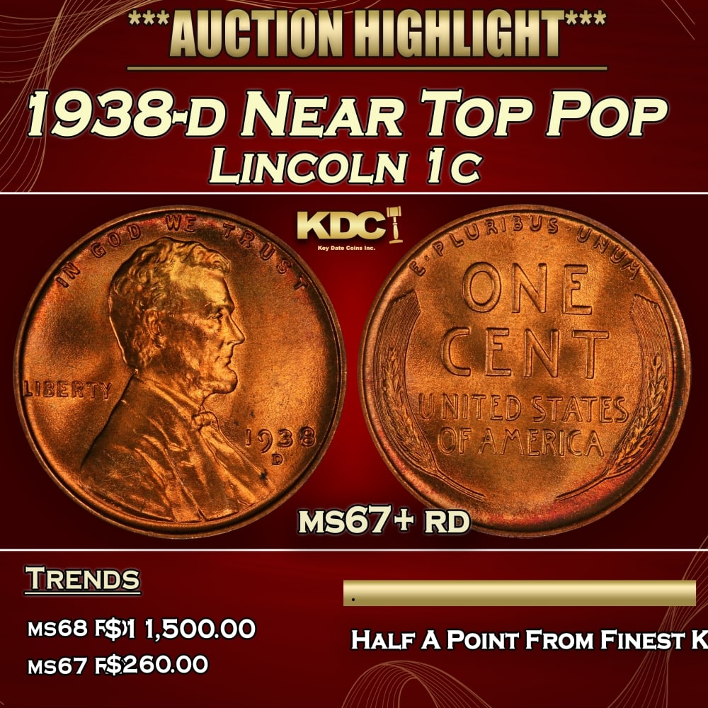 1938-d Lincoln Cent Near Top Pop 1c ms67+ rd SEGS: 1938-d Near Top Pop Lincoln Cent 1c ms67+ rd SEGS. 0 Historic precious metal trends is causing increased spot pricing by the day. On auctions with set openings, we are doing our best to have items pri