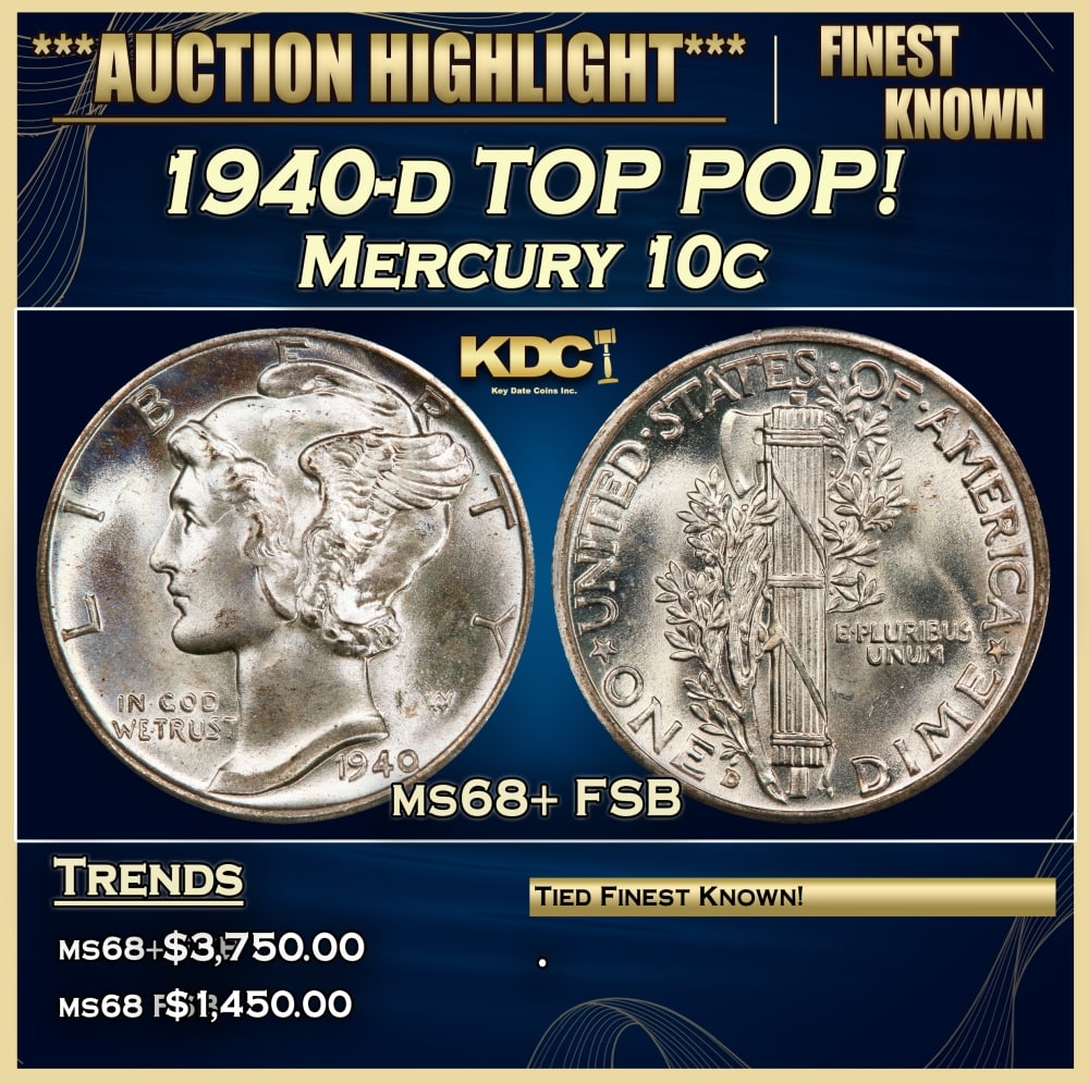 1940-d Mercury Dime TOP POP! 10c ms68+ FSB SEGS: 1940-d TOP POP! Mercury Dime 10c ms68+ FSB SEGS. Historic precious metal trends is causing increased spot pricing by the day. On auctions with set openings, we are doing our best to have items priced