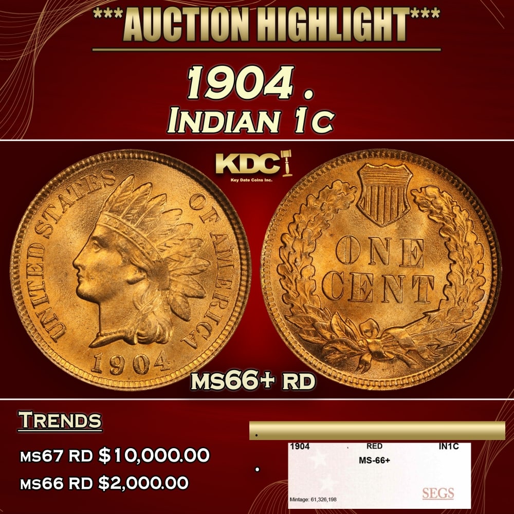 1904 Indian Cent . 1c ms66+ rd SEGS (1 of 4)