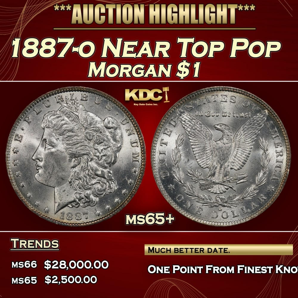 1887-o Morgan Dollar Near Top Pop $1 ms65+ SEGS: 1887-o Near Top Pop Morgan Dollar $1 ms65+ SEGS. 0 Historic precious metal trends is causing increased spot pricing by the day. On auctions with set openings, we are doing our best to have items price