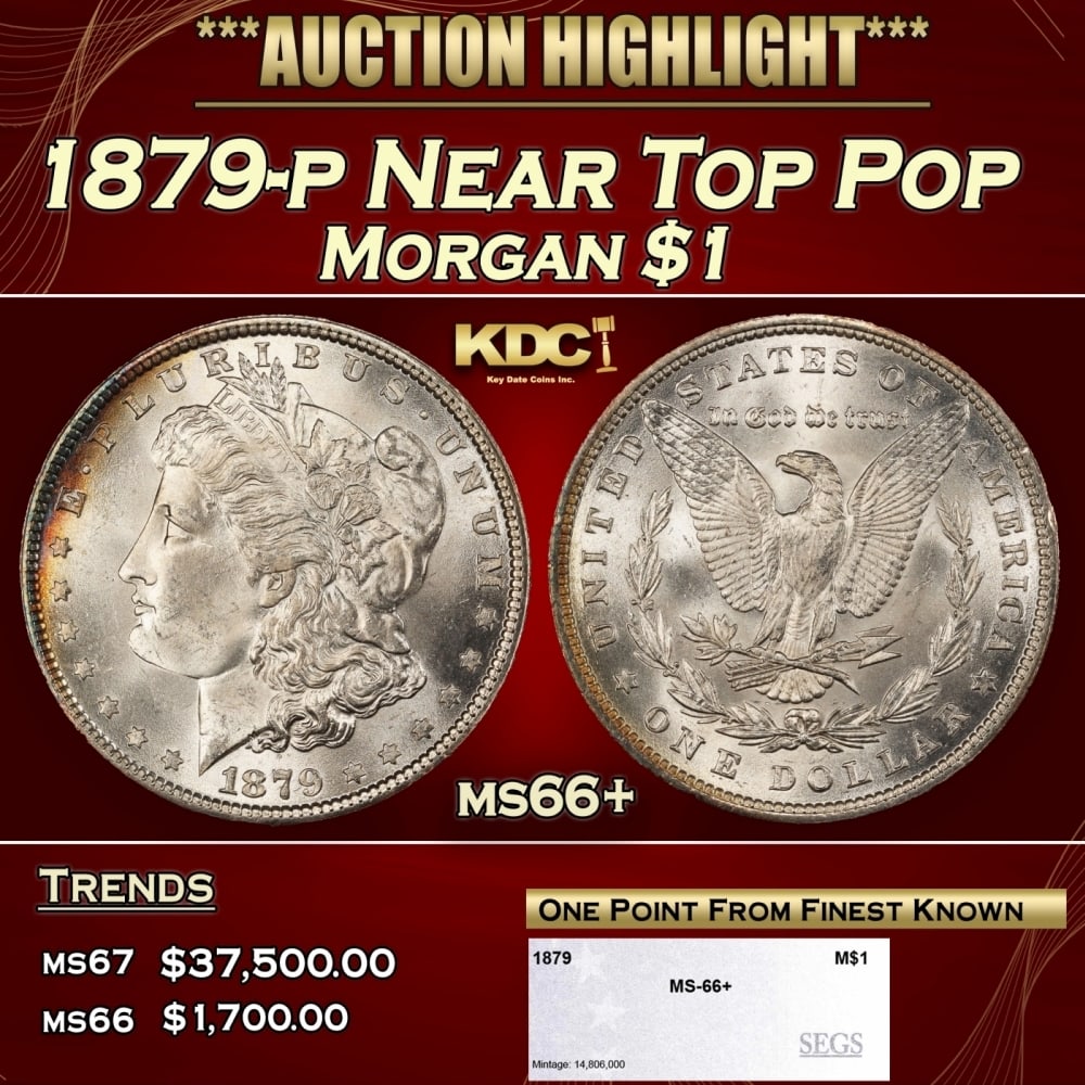 1879-p Morgan Dollar Near Top Pop $1 ms66+ SEGS: 1879-p Near Top Pop Morgan Dollar $1 ms66+ SEGS. 0 Historic precious metal trends is causing increased spot pricing by the day. On auctions with set openings, we are doing our best to have items price