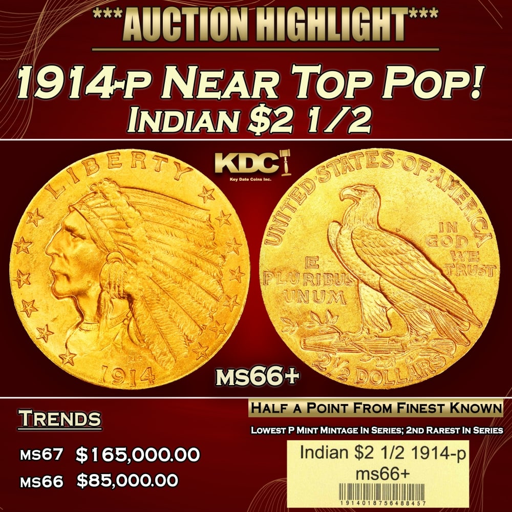 1914-p Gold Indian Quarter Eagle Near Top Pop! $2 1/2 ms66+ USCG: 1914-p Near Top Pop! Gold Indian Quarter Eagle $2 1/2 ms66+ USCG. The 1914 Indian quarter eagle boasts the lowest mintage of any Philadelphia issue of the series, at a mere 240,000 pieces. The 1914 is