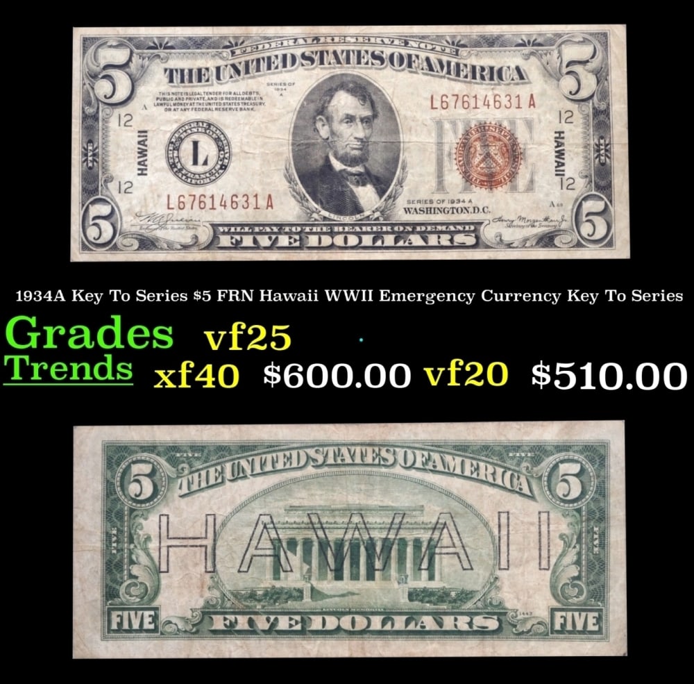 1934A $5 FRN Hawaii WWII Emergency Currency Key To Series Key To Series Grades vf+: 1934A $5 FRN Hawaii WWII Emergency Currency Key To Series Key To Series Grades vf+. FR-2302 Out of about 65 Million Hawaii Notes Printed in all Denominations Only about 7% of them were $5 that makes t