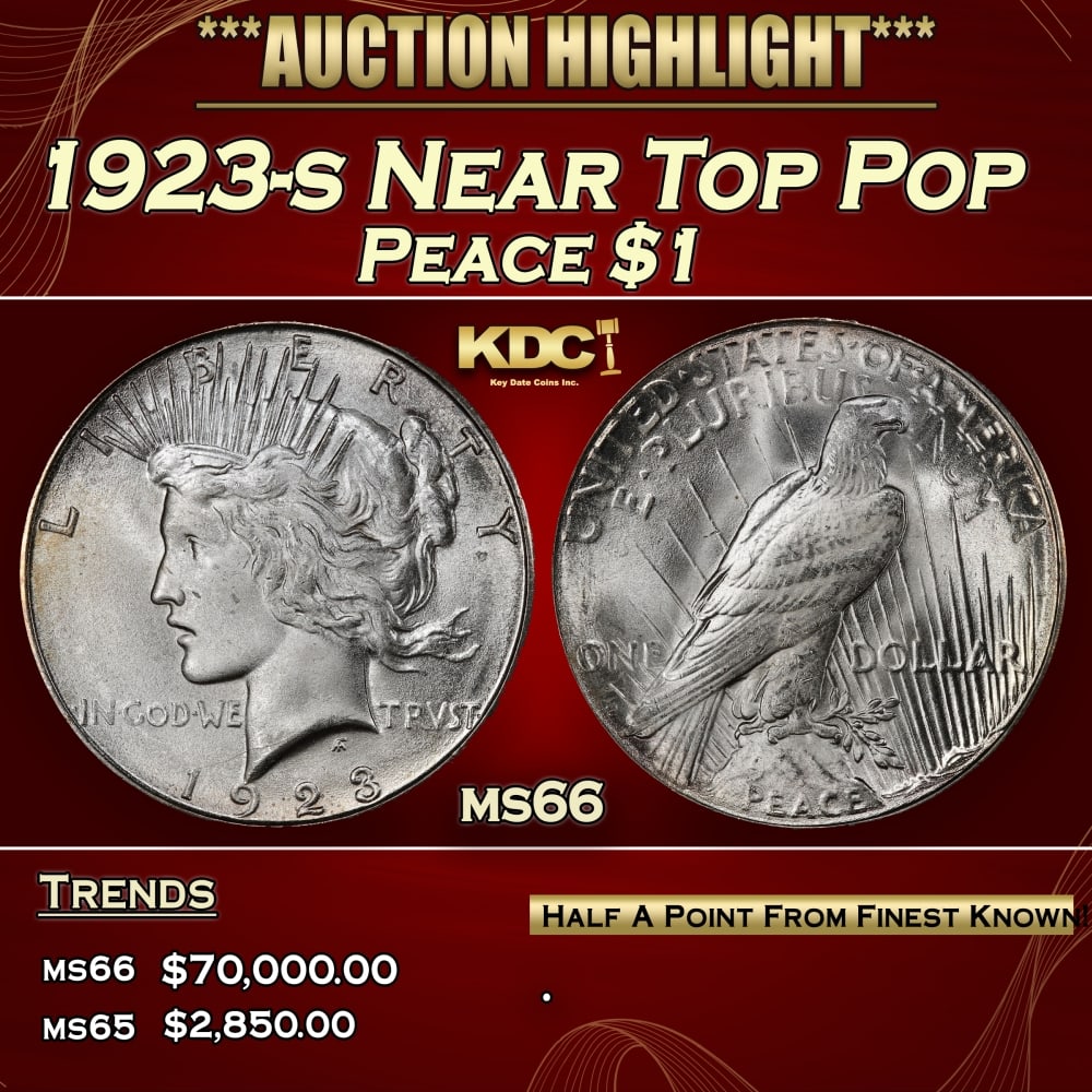 1923-s Peace Dollar Near Top Pop $1 ms66 SEGS: 1923-s Near Top Pop Peace Dollar $1 ms66 SEGS. 0 Historic precious metal trends is causing increased spot pricing by the day. On auctions with set openings, we are doing our best to have items priced