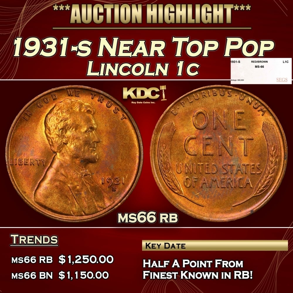 1931-s Lincoln Cent Near Top Pop 1c ms66 rb SEGS (1 of 4)
