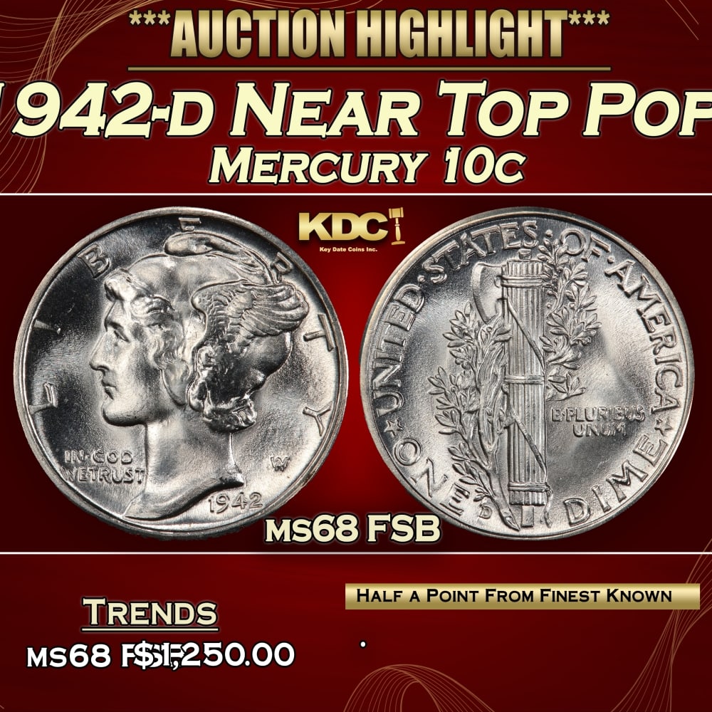 1942-d Mercury Dime Near Top Pop! 10c ms68 FSB SEGS: 1942-d Near Top Pop! Mercury Dime 10c ms68 FSB SEGS. Historic precious metal trends is causing increased spot pricing by the day. On auctions with set openings, we are doing our best to have items pri