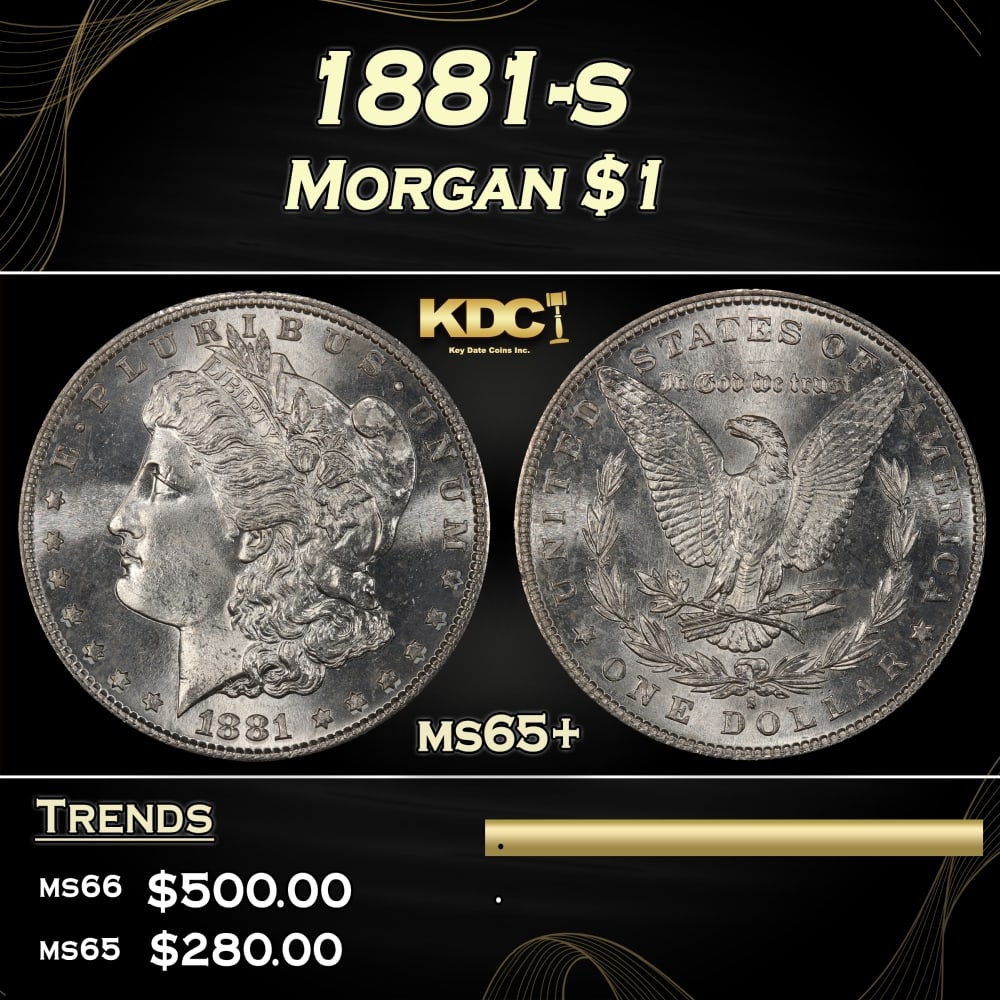1881-s Morgan Dollar $1 Grades ms65+: 1881-s Morgan Dollar $1 Grades ms65+. 0 Historic precious metal trends is causing increased spot pricing by the day. On auctions with set openings, we are doing our best to have items priced at their