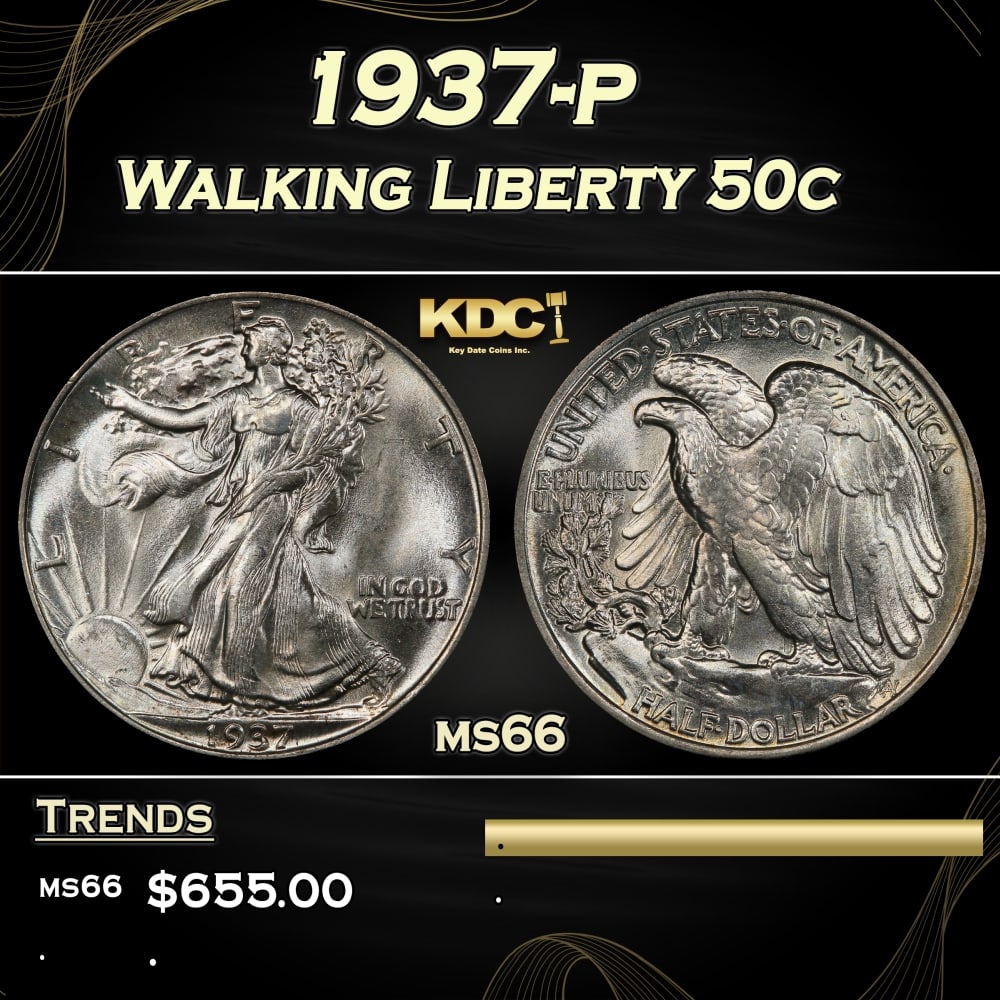 1937-p Walking Liberty Half Dollar 50c Grades ms66 (1 of 3)