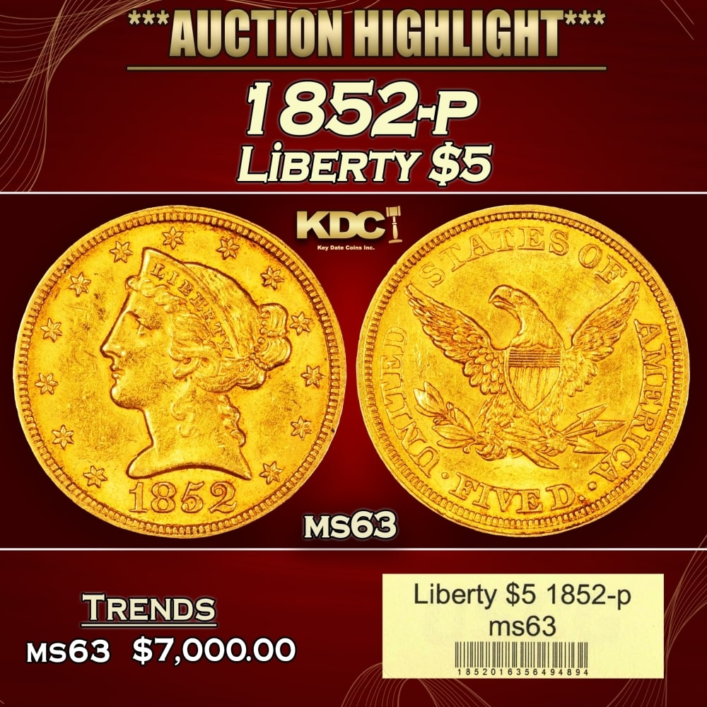 1852-p Gold Liberty Half Eagle $5 ms63 USCG (1 of 4)