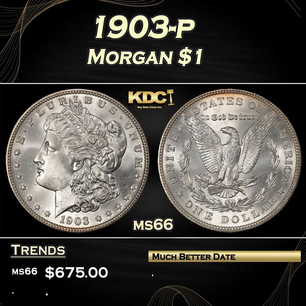 1903-p Morgan Dollar $1 Grades ms66: 1903-p Morgan Dollar $1 Grades ms66. 0 Historic precious metal trends is causing increased spot pricing by the day. On auctions with set openings, we are doing our best to have items priced at their m