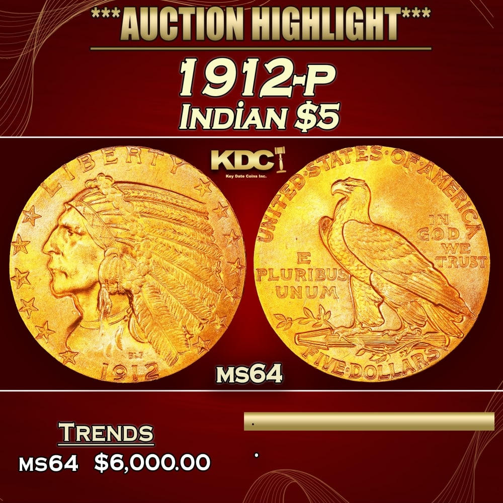 1912-p Gold Indian Half Eagle $5 ms64 USCG: 1912-p Gold Indian Half Eagle $5 ms64 USCG. Historic precious metal trends is causing increased spot pricing by the day. On auctions with set openings, we are doing our best to have items priced at th