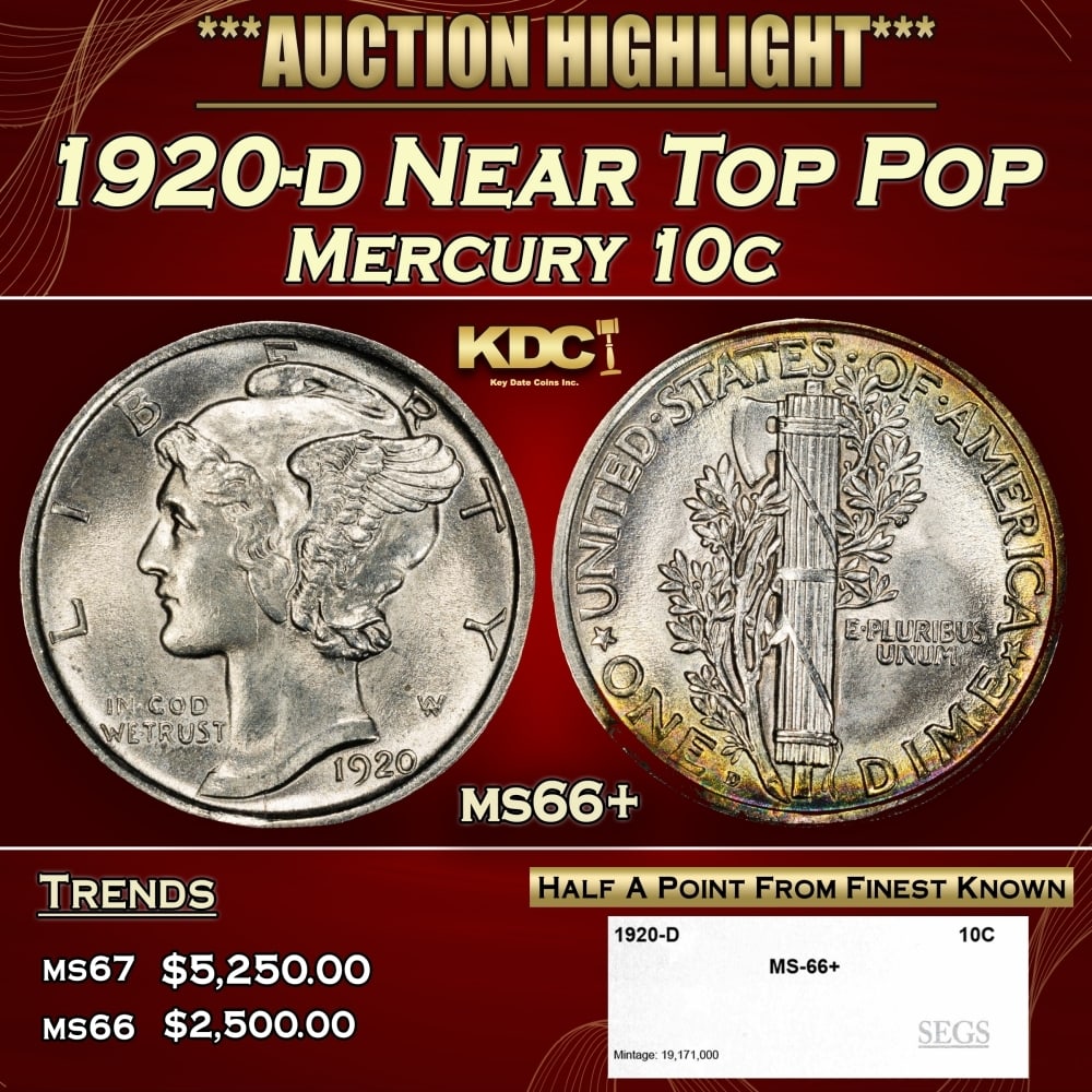 1920-d Mercury Dime Near Top Pop 10c ms66+ SEGS: 1920-d Near Top Pop Mercury Dime 10c ms66+ SEGS. 0 Historic precious metal trends is causing increased spot pricing by the day. On auctions with set openings, we are doing our best to have items price